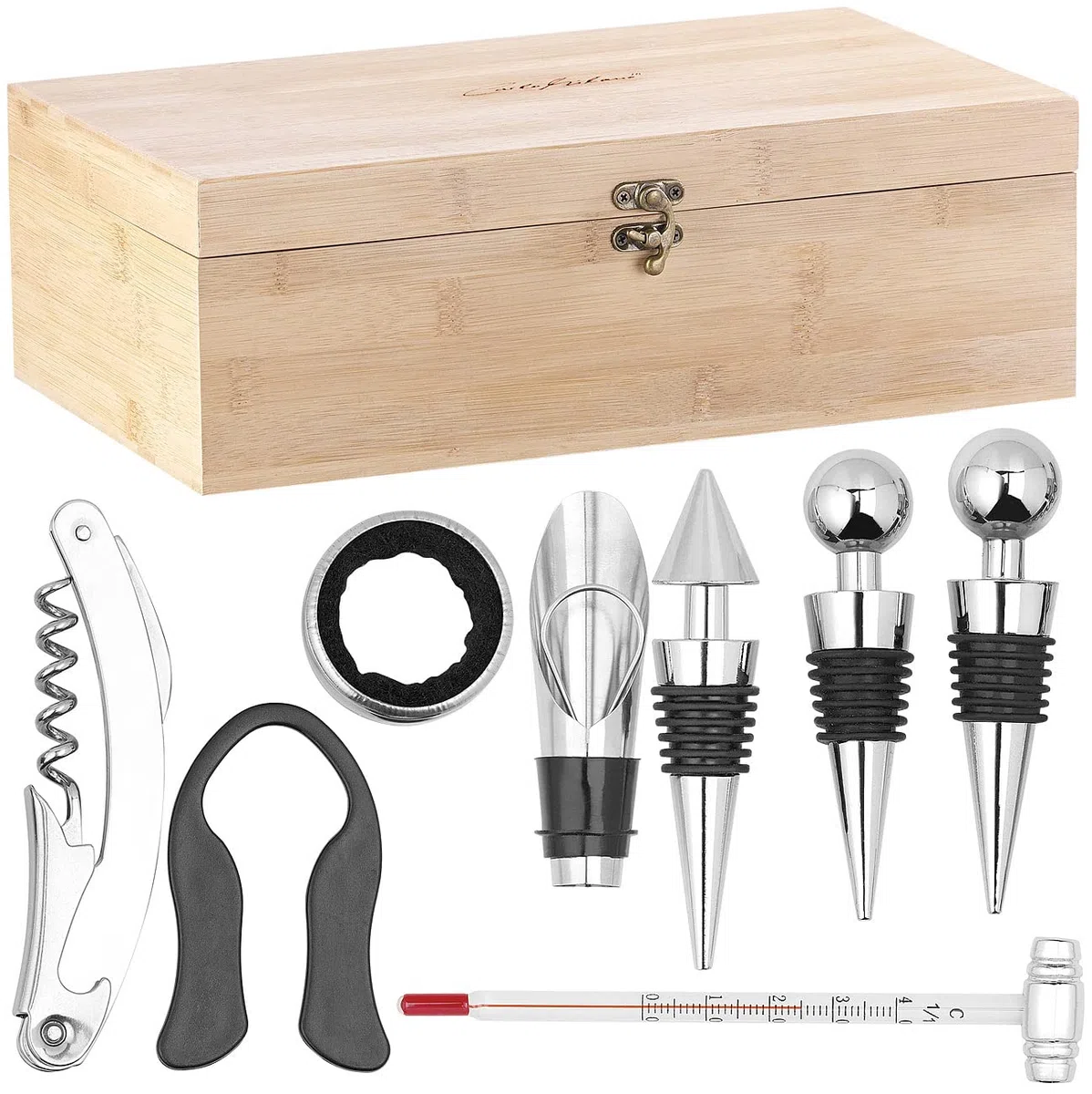 Carlo Milano Weinflaschenverpackung: 9-teiliges Sommelier-Set in edler Holz-Geschenkbox für 2 Weinflaschen (Weinbox, Wein-Geschenkverpackung, Flasche)