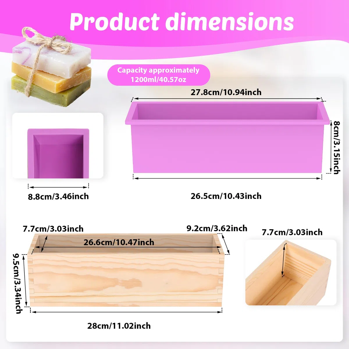 2 Stück Seifenformen Silikon, 1200ML Seifenform mit Holzbox, Rechteckig Silikonform Seife, Seifenherstellung Zubehör Form, vielseitig Silikonformen für Seife Selber Machen Kuchen Pudding