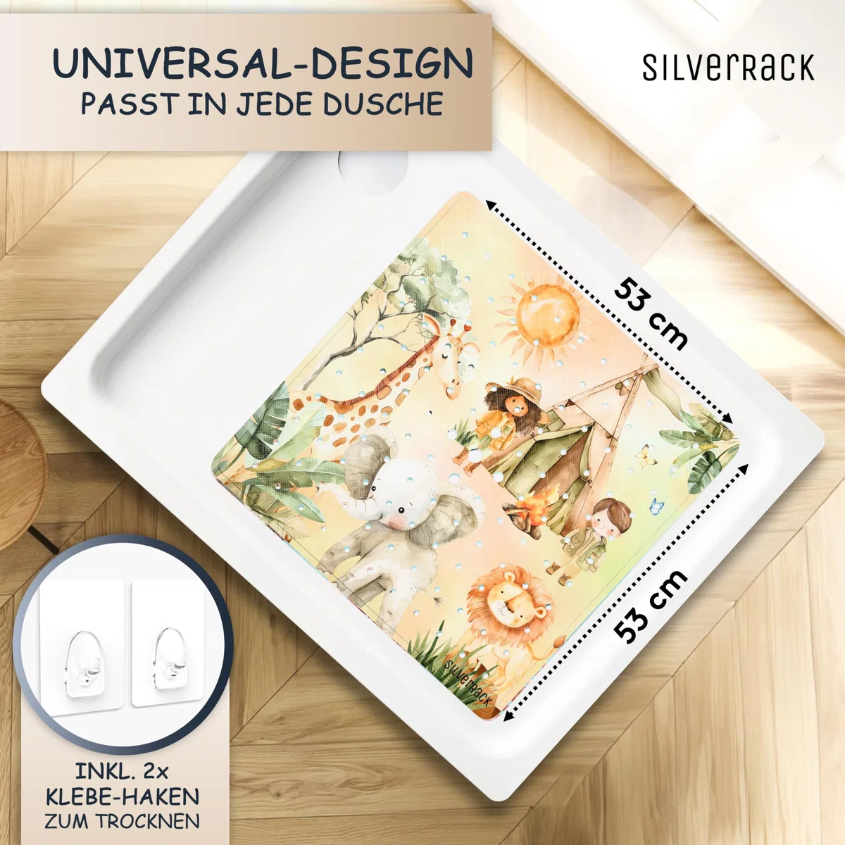 SilverRack Duschmatte rutschfest 53x53 cm (Safari) - Antirutschmatte Dusche BPA frei - Badematte rutschfest, maschinenwaschbar u. schimmelresistent