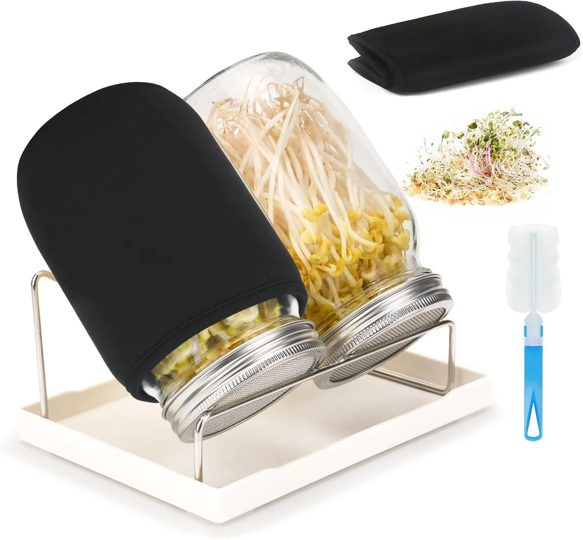 Sprossenglas, Sprossen Keimglas 2er Set, Sprouting Jar mit Deckel, Sieb & Abtropfschale, Sprossen Keimgerät für Alfalfa Kresse Brokkoli Mungobohnen