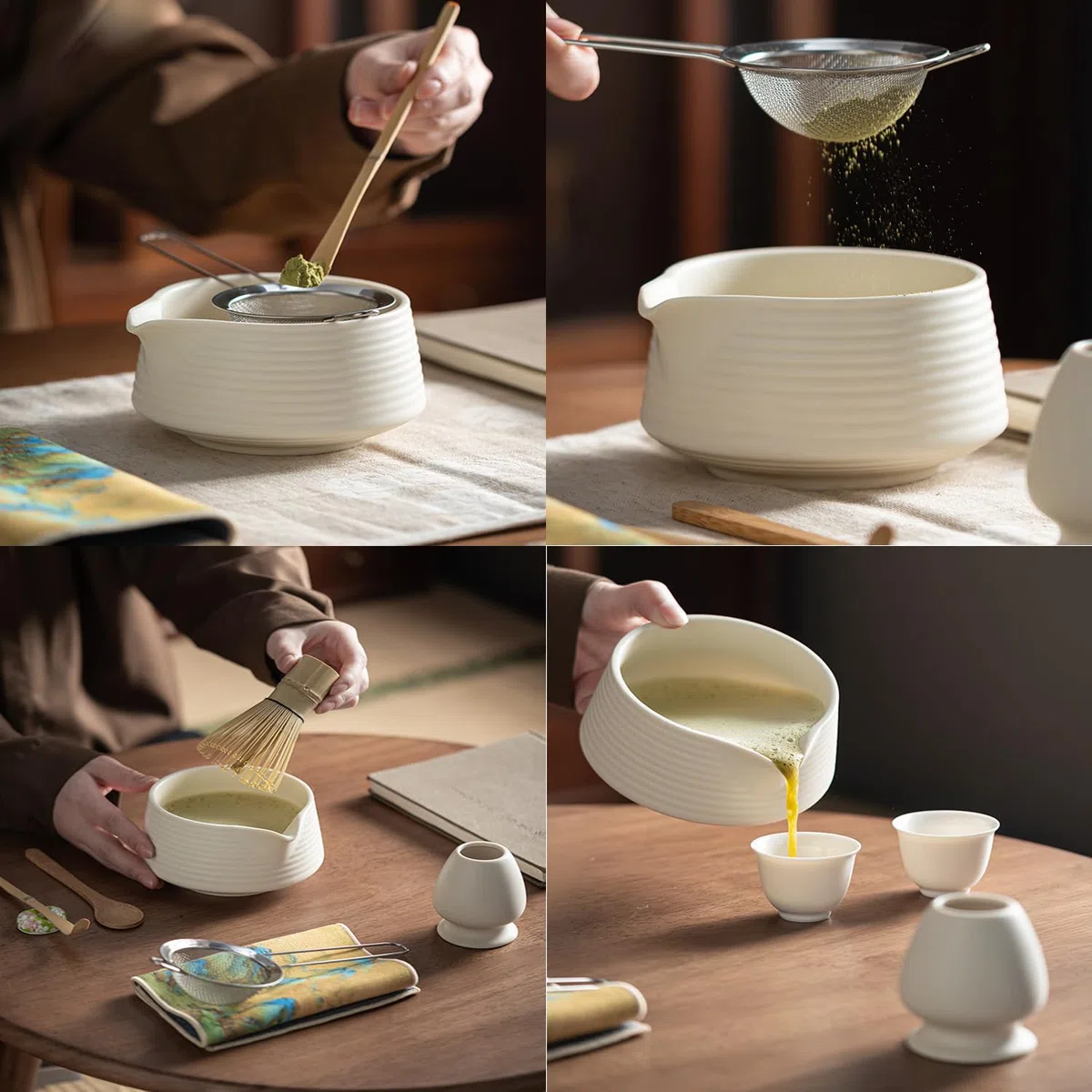6 Piece Matcha Tea Set Beige Weiß,Matcha Besen Set, with Matcha Whisk, Matcha Broom,Matcha Schale,Matcha Bowl with Spout,Matcha Besen Halter,Bamboo Spoon,Perfect Matcha Starter Set,Japanisches Tee-Set
