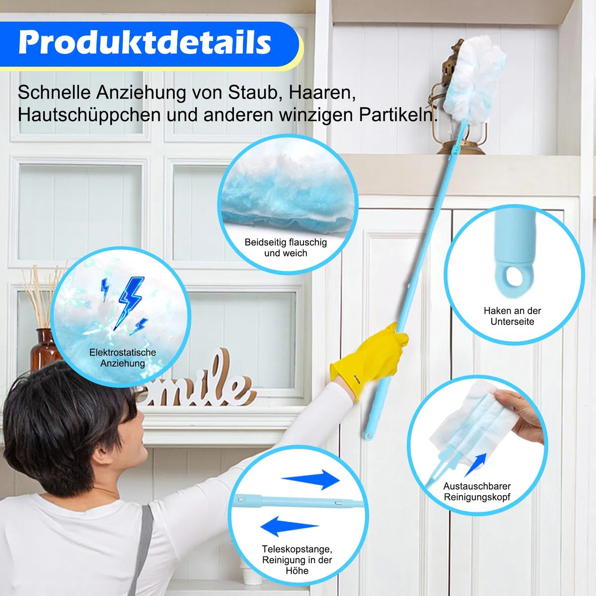 50 Stück Staubmagnet Nachfüllpack Kompatibel mit Swiffer Staubmagnet & Duster, Einweg Staubwedel mit 2 Griffen für Tierhaare Staub Schmutz Reinigung