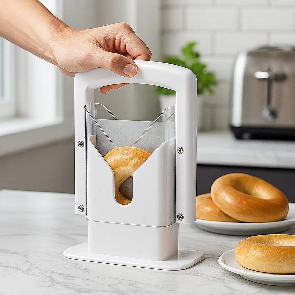 Bagelschneider 22 × 18 cm – Klinge aus Edelstahl mit Sicherheitskörper aus Kunststoff – Brot-, Muffin- und Toastschneider – antihaftbeschichtet, kompakt & leicht zu reinigen – Weiß/Rot/Schwarz