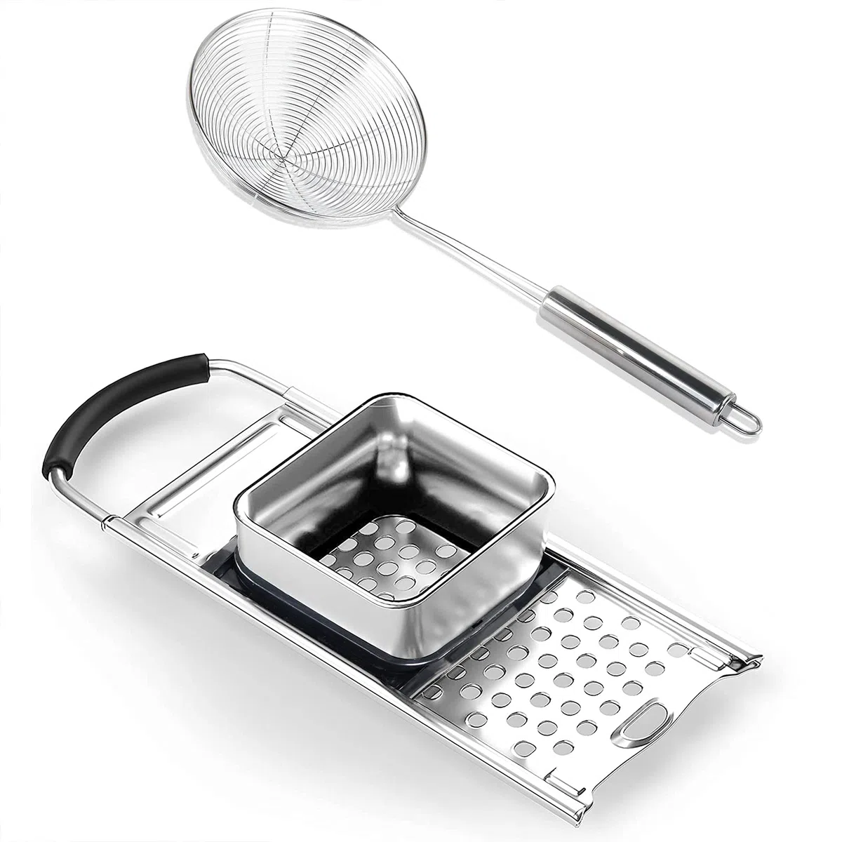 Spätzlehobel Edelstahl, Spätzle Set, Spätzlesieb, Spätzlereibe mit Schaumlöffel, Spätzlepresse, Schaber (für Töpfe mit Ø bis 30 cm) - Rostfrei