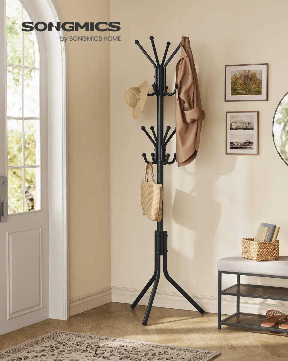 SONGMICS Kleiderständer, Garderobenständer aus Metall, Garderobe, für Kleidung, Taschen und Hüte, Höhe 175 cm, mit 16 Haken, Eingangsbereich, Wohnzimmer, Schlafzimmer, tintenschwarz RCR081BH01