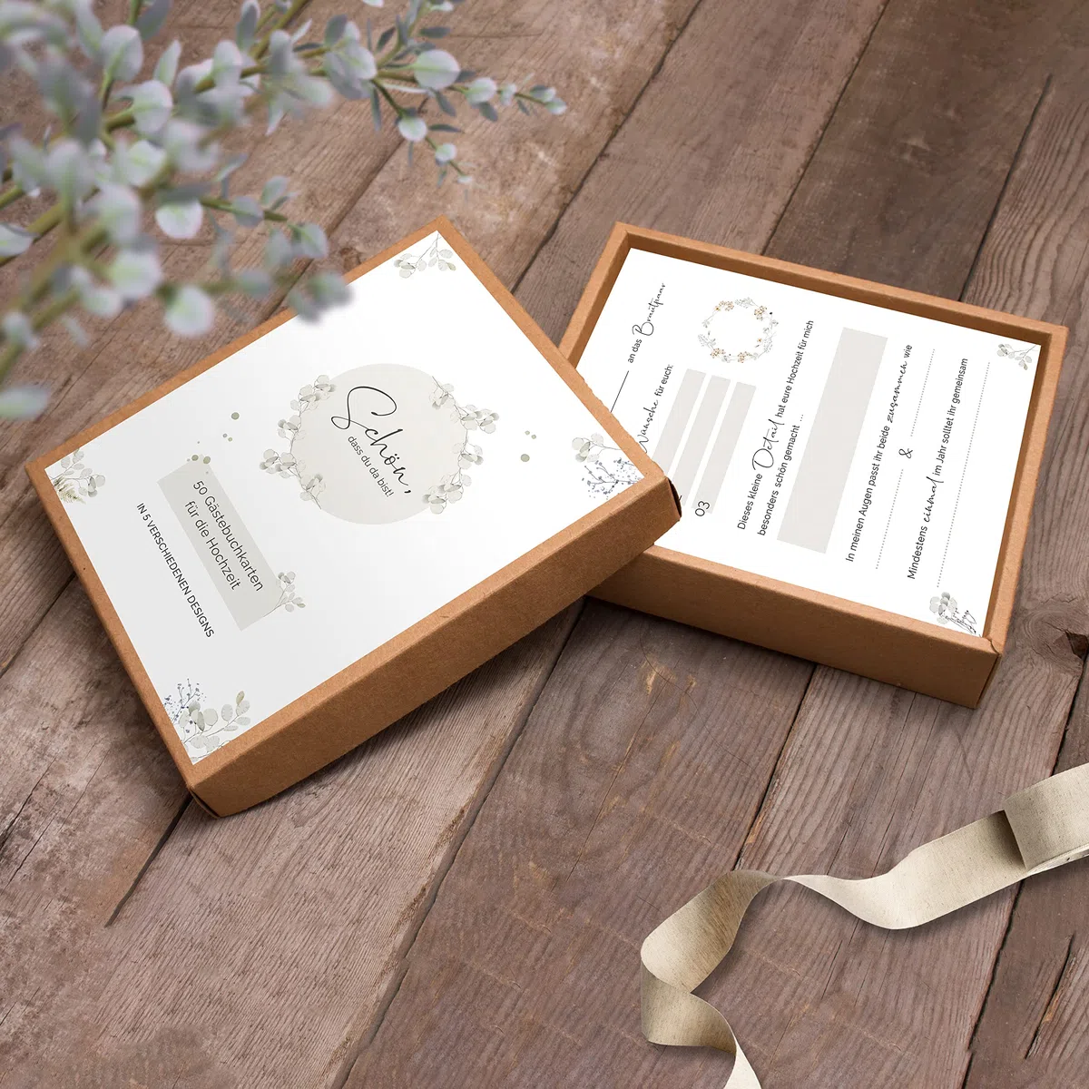 50 Gästebuch Karten für die Hochzeit mit Box | 5 verschiedene Designs | DIN A6 Postkartengröße | für alle Paare | Greenery & Eukalyptus Look