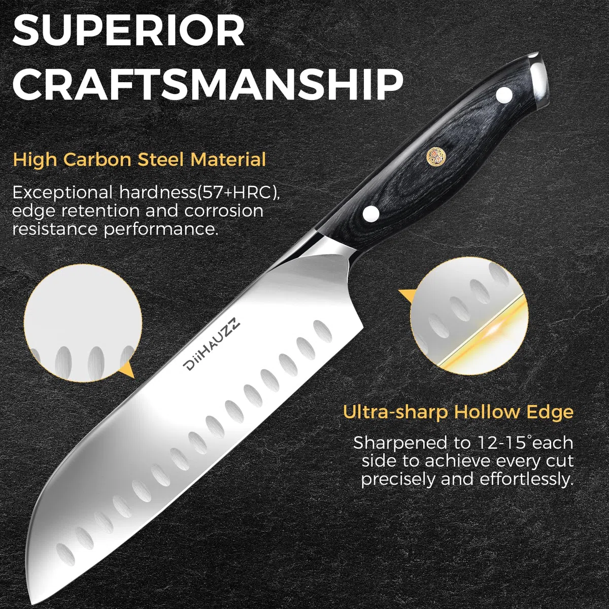 DiiHAUZZ Santokumesser, 18 cm scharfes Messer aus Edelstahl X50CrMoV15, Hochwertiges Küchenmesser mit Ergonomischem Pakkaholzgriff, Profi Kochmesser für Fleisch & Gemüse, Vatertagsgeschenk