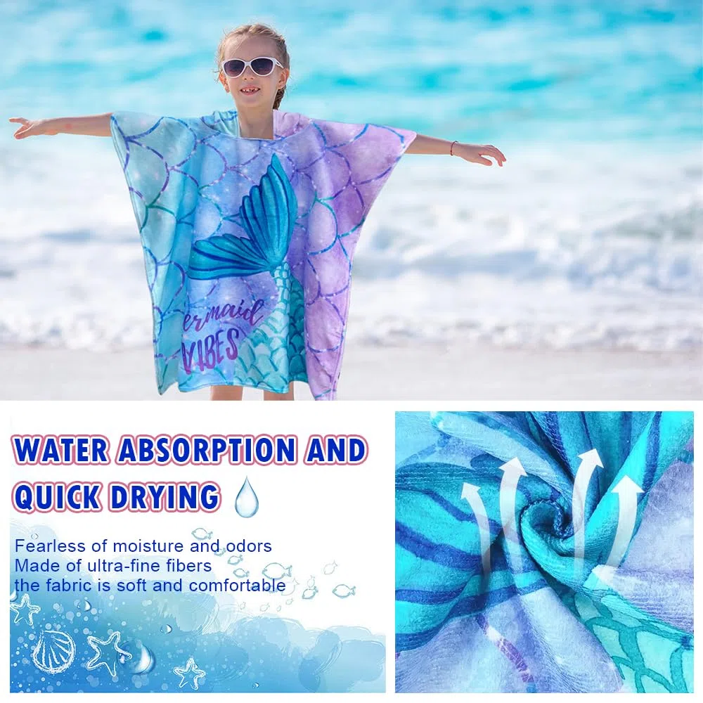 Badeponcho Kinder mit Kapuze, Mikrofaser Poncho Strandtuch, Handtuch Poncho für Mädchen und Jungen 2-8 Jahre (Meerjungfrau)