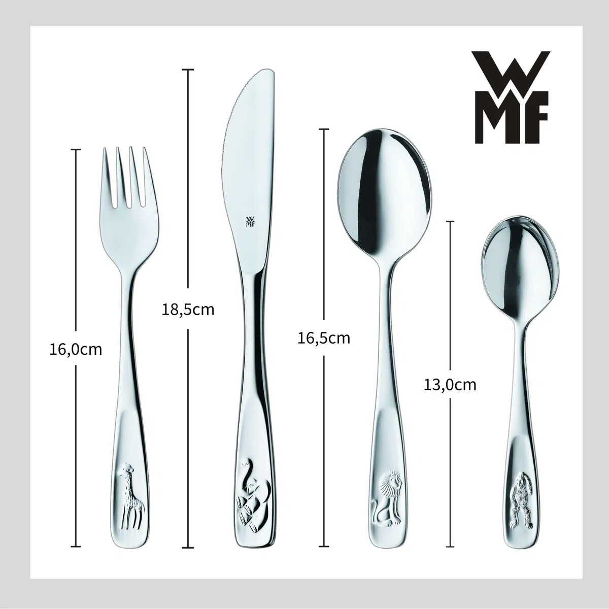 WMF Kinderbesteck mit Namensgravur, Edelstahl, 4-teilig, spülmaschinengeeignet, Geschenk zur Taufe, Taufgeschenke für Mädchen und Jungen, Kinderbesteck mit Gravur, Besteckset ab 3 Jahre, Tiere
