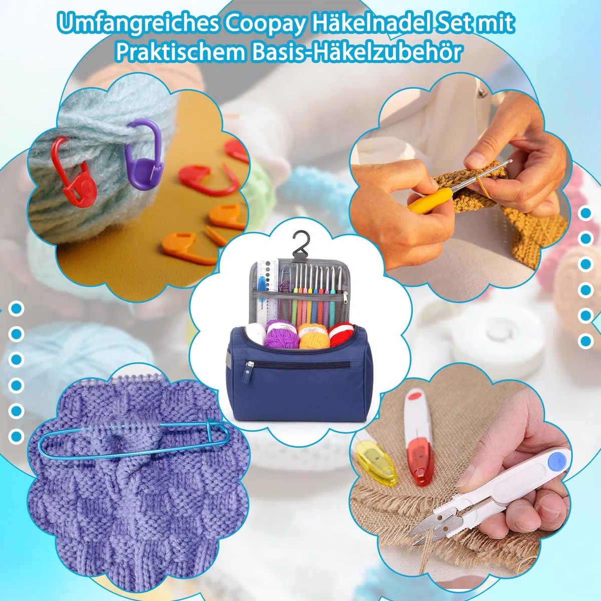 Coopay Tragbar Häkelset für Anfänger, Häkelnadel Set mit 15 Wolle, Tasche, Häkelzubehör, Ergonomische Häkelnadeln mit Weicher Griff und Metall Häkelnadel, 2,0-10 mm Praktische Häkelnadel Set Geschenk