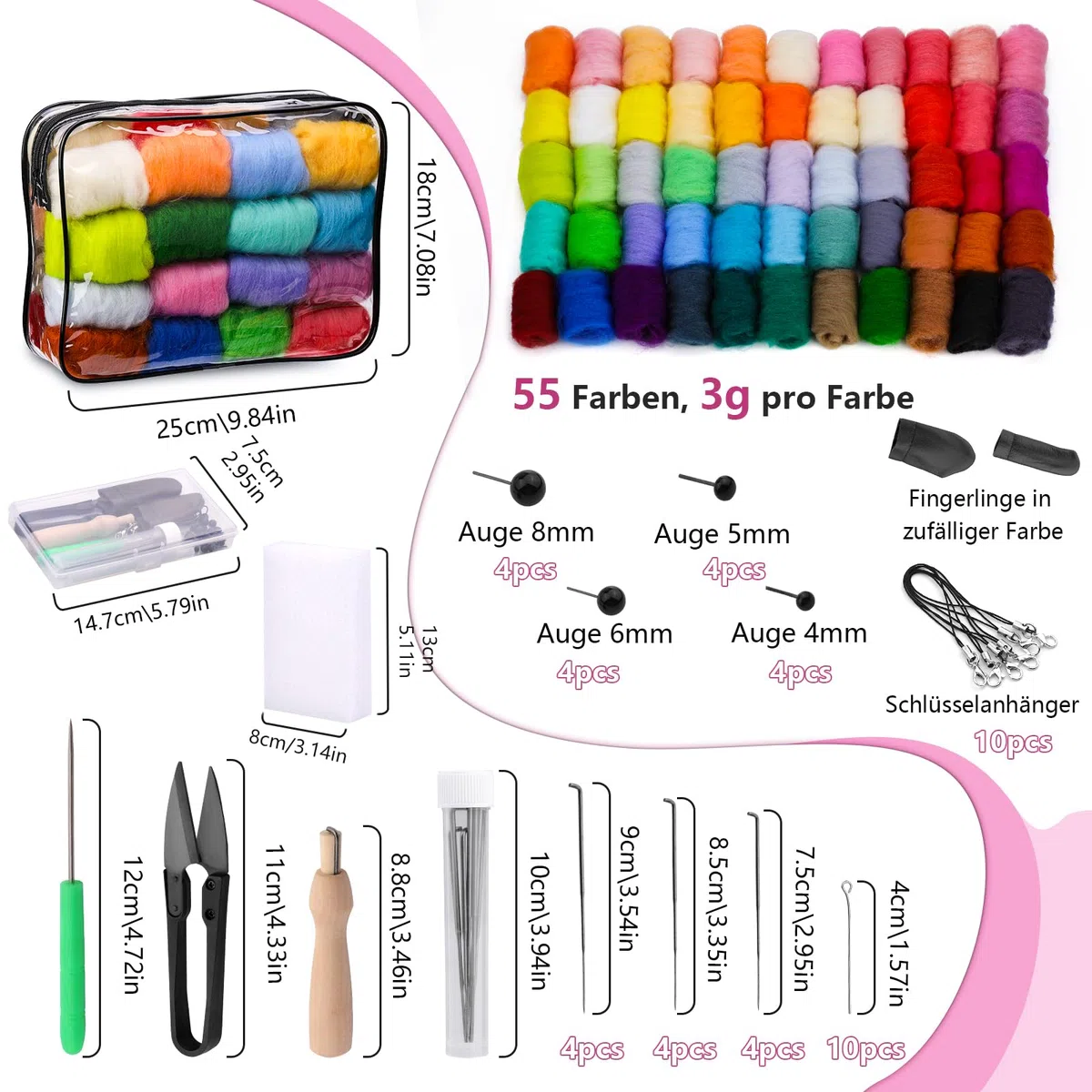Reovin 55 Farben Nadelfilz Set, Filz Starterset Filzwolle Nadelfilzen Set mit Filznadeln, Schaumstoffmatte und Aufbewahrungstasche Filzwolle Nadelfilz Werkzeu für DIY Handwerk