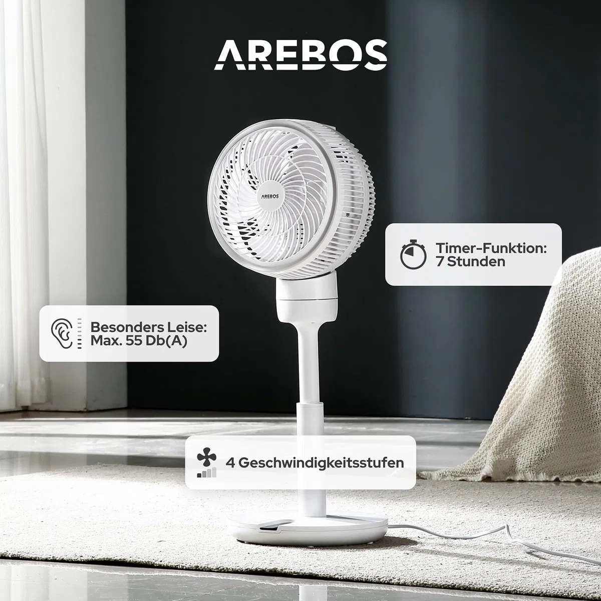 Arebos Ventilator 55W | 3D Oszillation | Ø 23cm | besonders Leise | höhenverstellbar, mit 4 Leistungsstufen, Timer & Fernbedienung