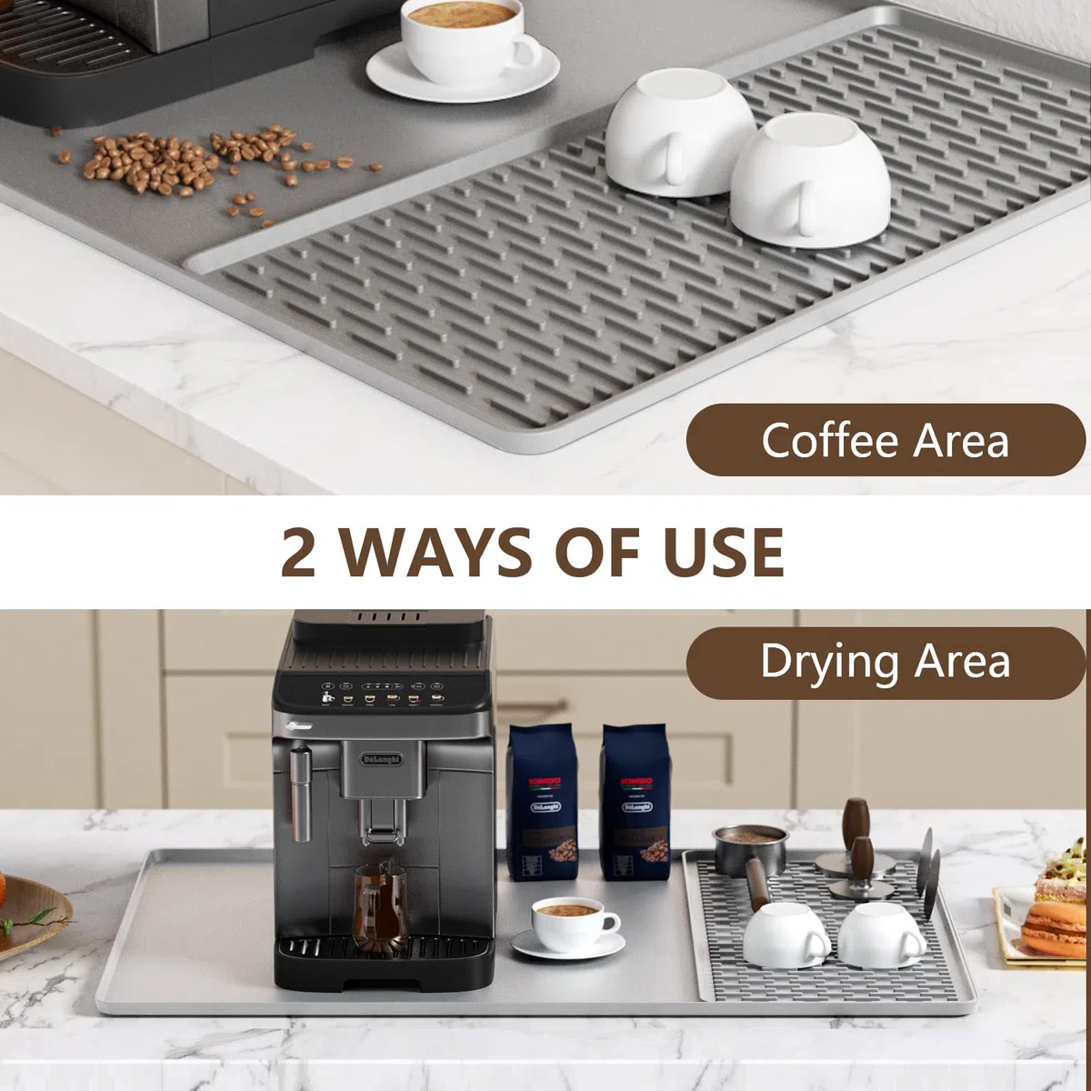 Kaffeemaschine Abtropfmatte aus Silikon, 2-in-1 Silikon Matte für Kaffeemaschine for Coffee,Hitzebeständiges Rutschfeste,leicht zu reinigen Trockenmatte für Kaffeemaschine, Küche(Grau, 60 x 40 cm)