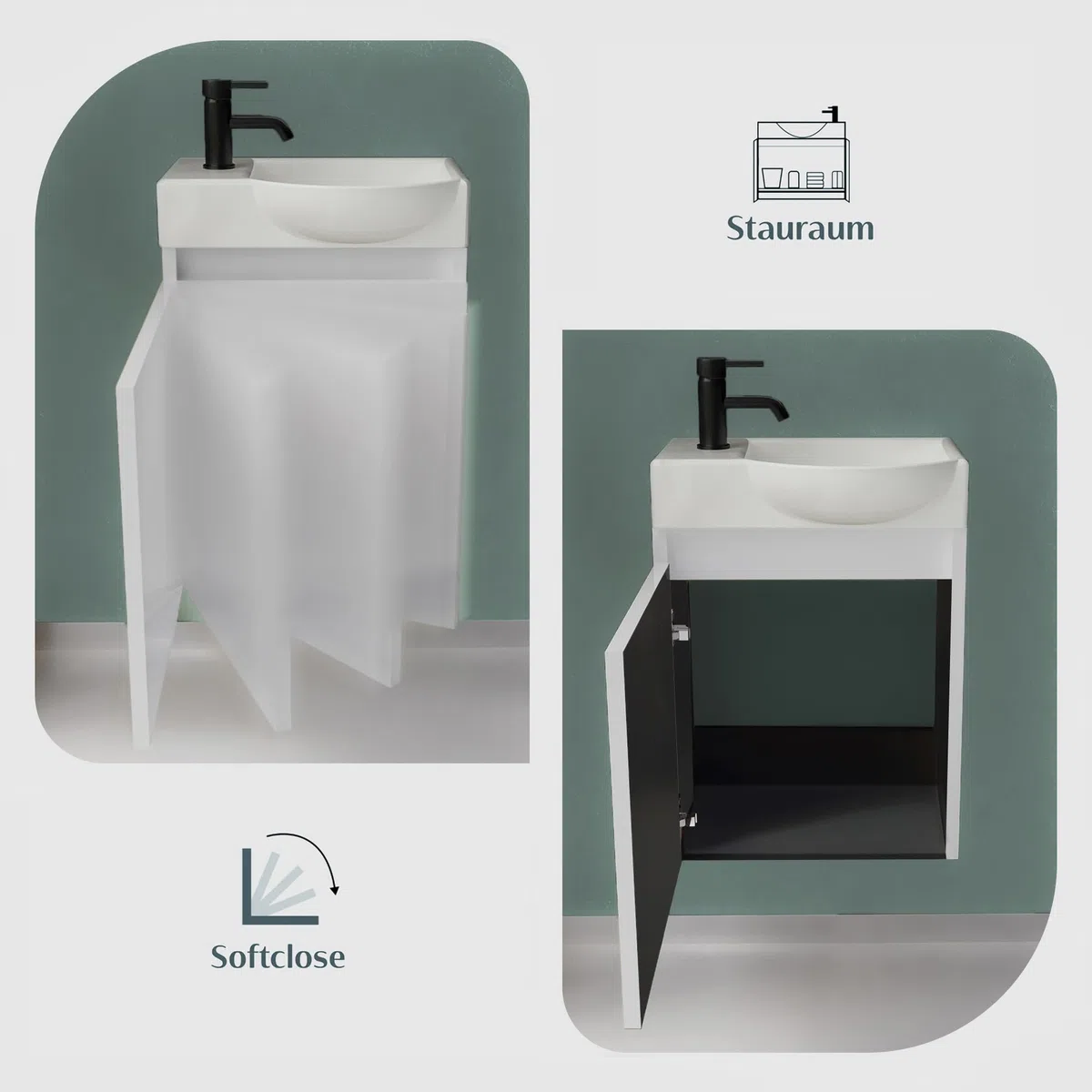 Alpenberger Badmöbel Set Vormontiert | Waschtisch mit Unterschrank 45 x 32 cm | Handwaschbecken aus Keramik mit Überlauf | Waschbeckenunterschrank mit Soft-Close Funktion | Bad und Gäste-WC
