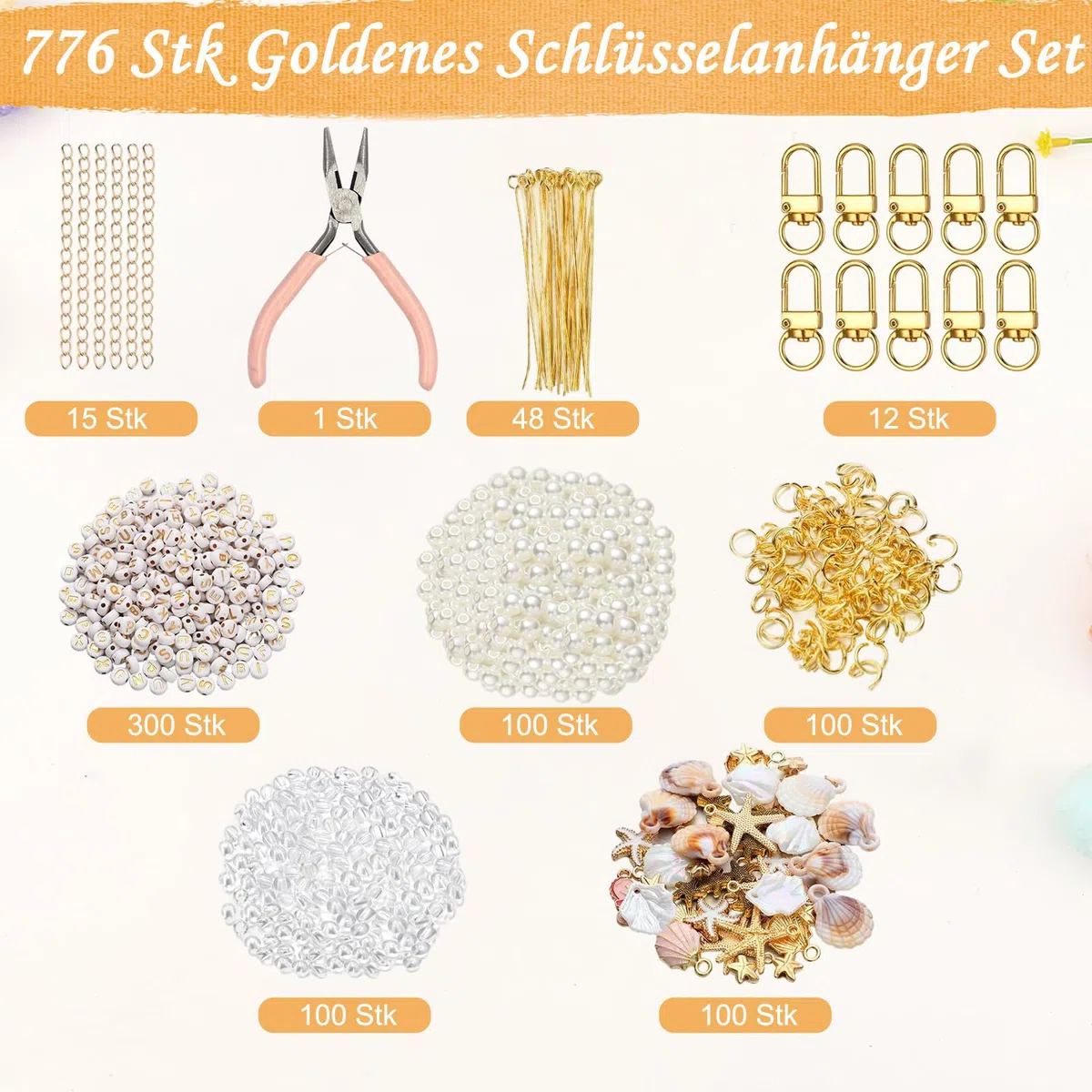 Leseogye 776 Stk Bastelset für Muschel-Schlüsselanhänger, Metall-Schlüsselanhänger Selber Machen, Praktisches Anhänger Basteln Für Alle Altersgruppen, Keychain DIY Zubehör Für Gestaltung (Gold)