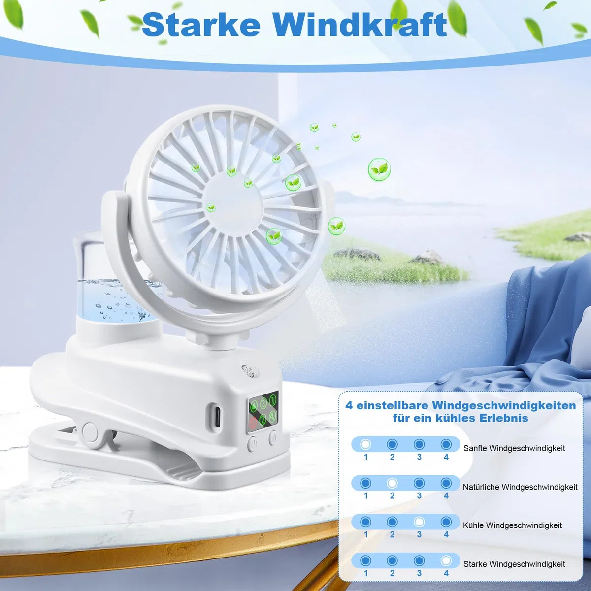 JIZZU USB Ventilator mit Wassernebel, 4 Geschwindigkeiten Wind Tischventilator mit Clip, Mini Ventilator, Verstellbare Tischventilatoren mit LED-Anzeige, Desktop Persönlichen Fans für Büro (Weiß)