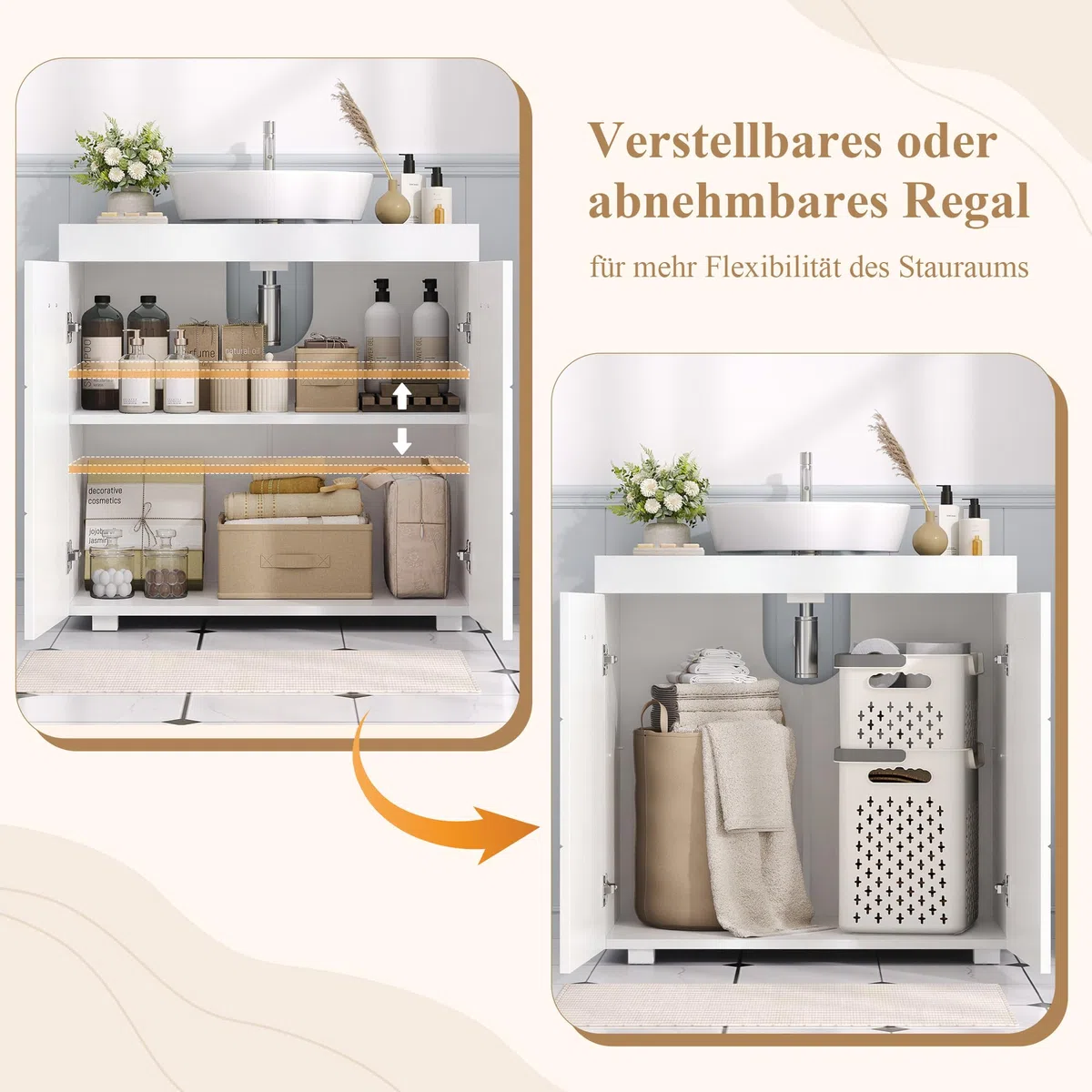 FOREHILL Waschbeckenunterschrank Unterschrank Badezimmerschrank mit 2 Türen und 2 Ablagen, 60x31x60cm, für Badezimmer, weiß