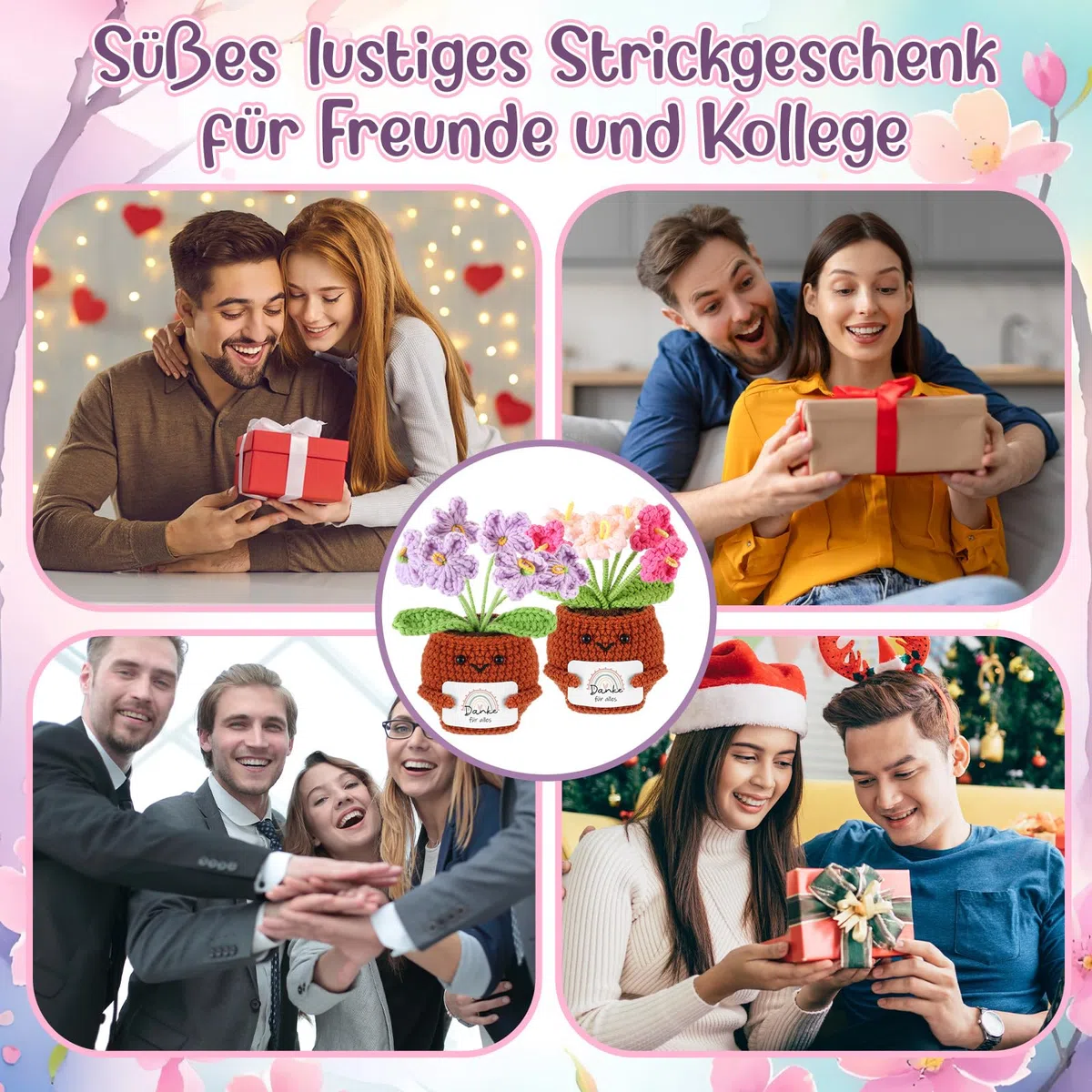 Namalu Dankeschön Geschenk 2er Set Häkel Blumentopf Puppen mit Karte „Danke für Alles“ - Mini Positive Gehäkelte Blumen Geschenk für Lehrer & Kollegen zum Abschied, Geburtstag & Abschluss