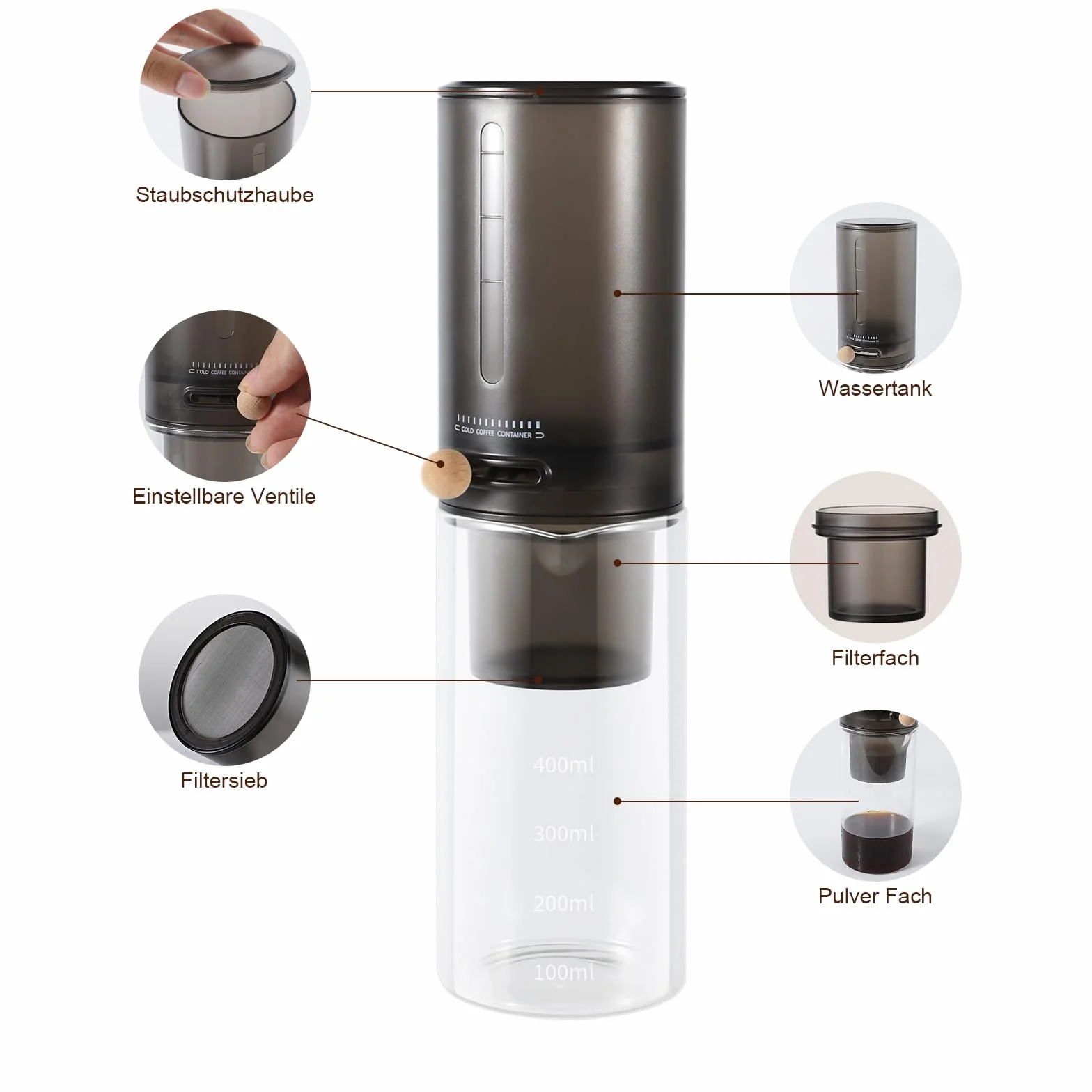 Cold Brew Kaffeemaschine, (4 Tassen/600ml) Kaffeemaschinen FüR Cold Brew Coffee, Kaffee Kaltgetränke Maschine, Tropfkaffeemaschinen, Einstellbare Tropfrate, Kommt Mit 100 Filterpapier.(Black)
