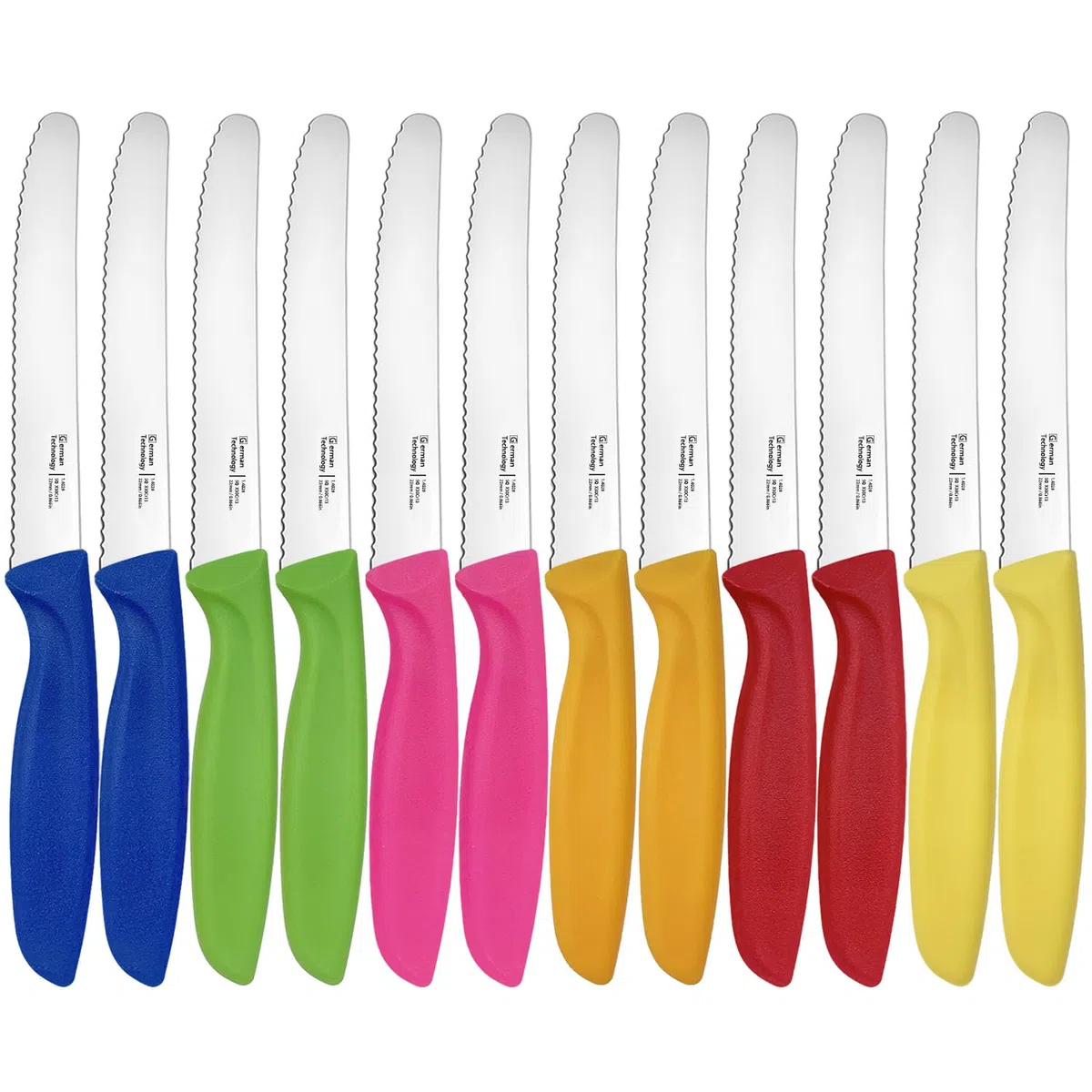 Frühstücksmesser Wellenschliff, Brötchenmesser, Tomatenmesser, Tafelmesser & Steakmesser 12-teilig, Universalmesser für Küche und Brotzeit, angespritzte Griffe, spülmaschinenfest(Mehrfarbig)