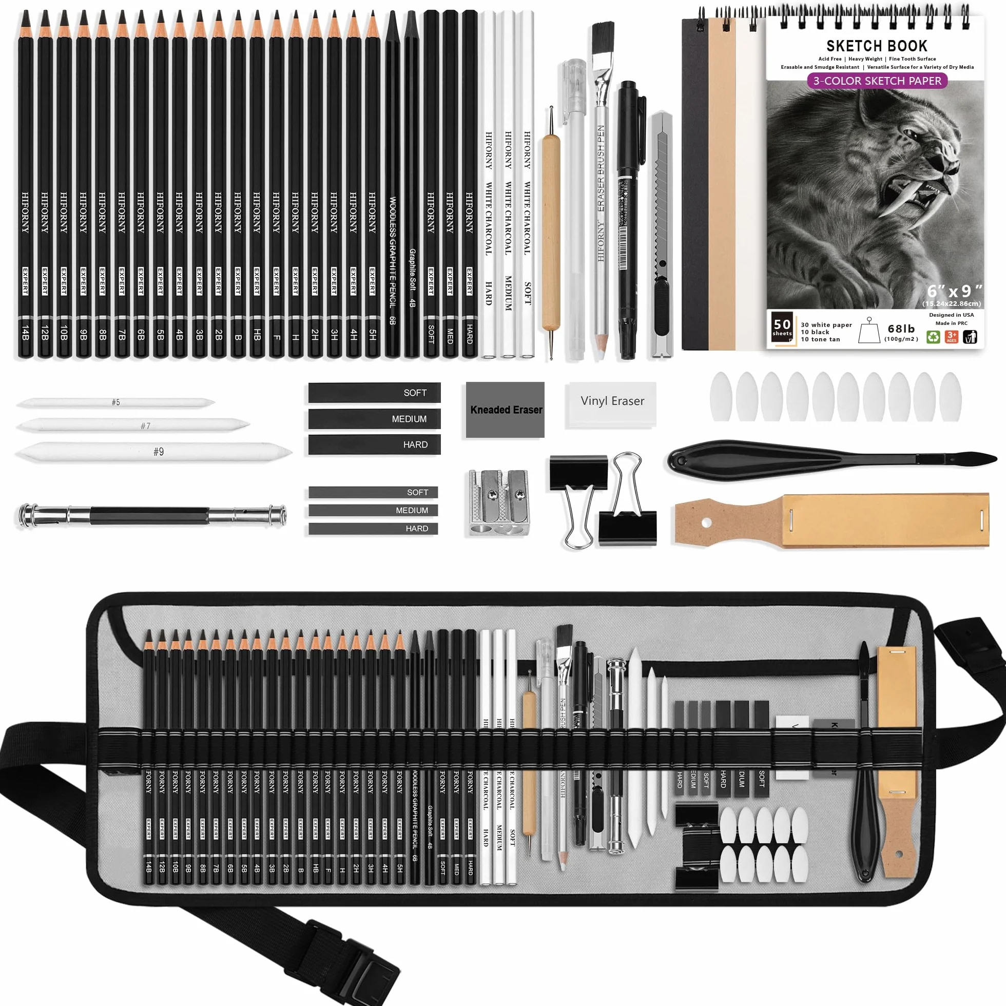 HIFORNY 60-teiliges Zeichen-Set, Skizzierstifte, Kunstzubehör mit 3-farbigem Skizzenbuch, Graphit, Kohle, Zeichenstifte für Erwachsene, Künstler, Kunststifte