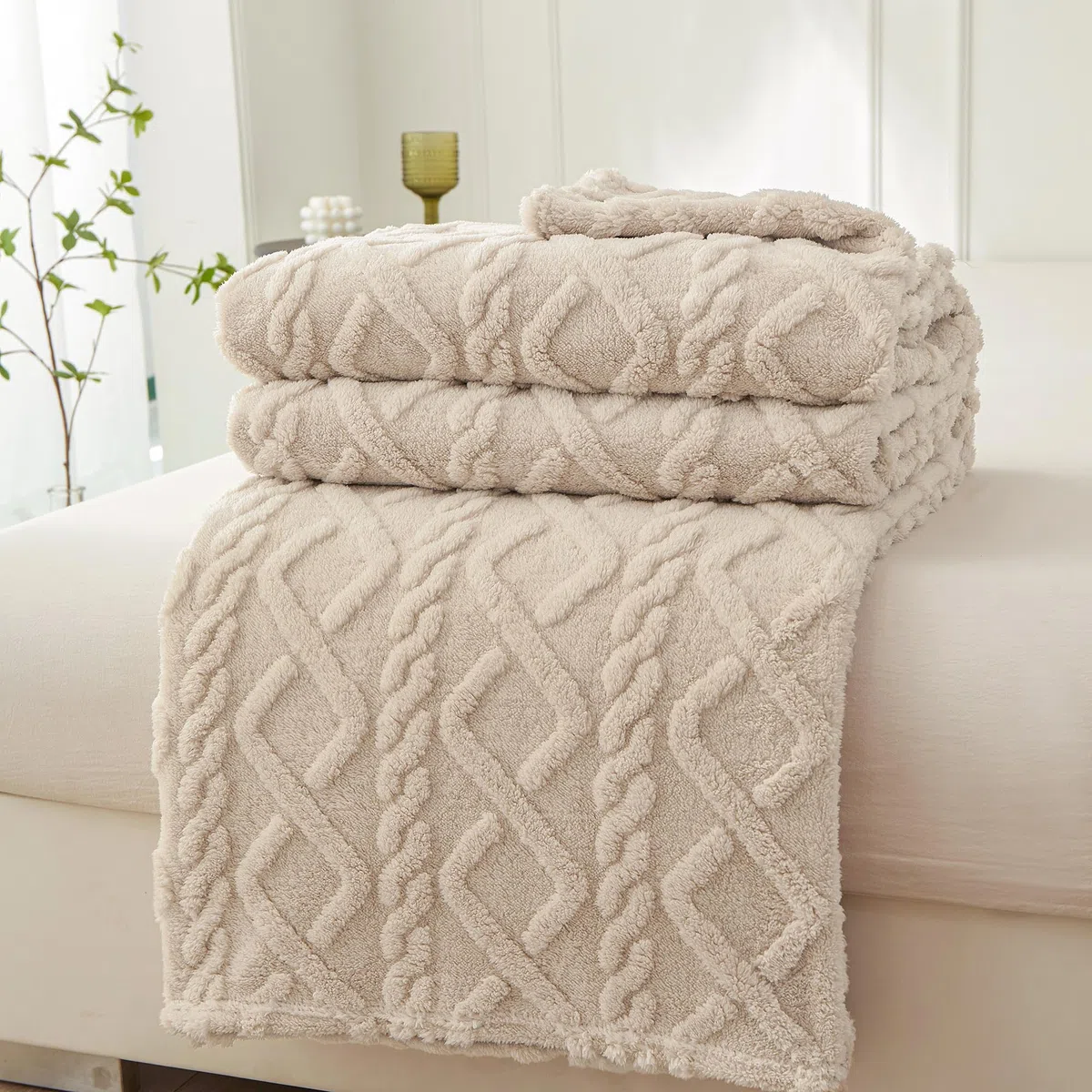 WONGS BEDDING Kuscheldecke Flauschig 150x200 Wohndecke Lammdecke Flauschige Weiche Sofadecke Fleecedecke Couchdecke Warme kuscheldecke für Bett Sofa, Beige