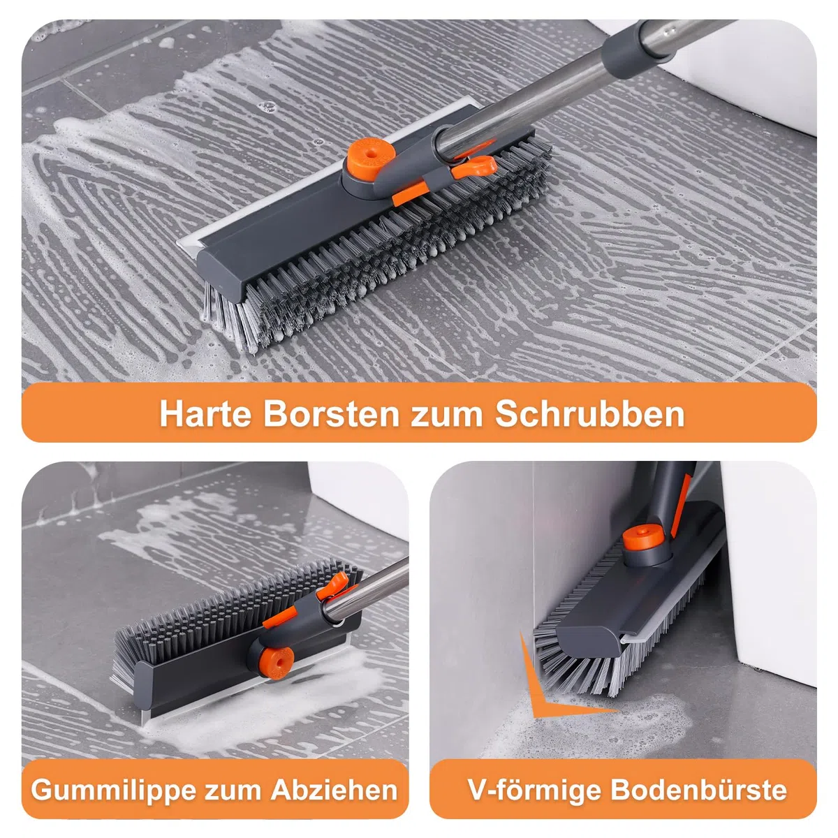 Mitclear Boden-Scheuerbürste mit Stiel(122cm), Schrubber Terrasse mit harten Borsten & Gummilippe, Terrassenreiniger, Scheuerbürste für die Reinigung von Fliesen, Dusche, Balkon, Bad, Garage, Küche