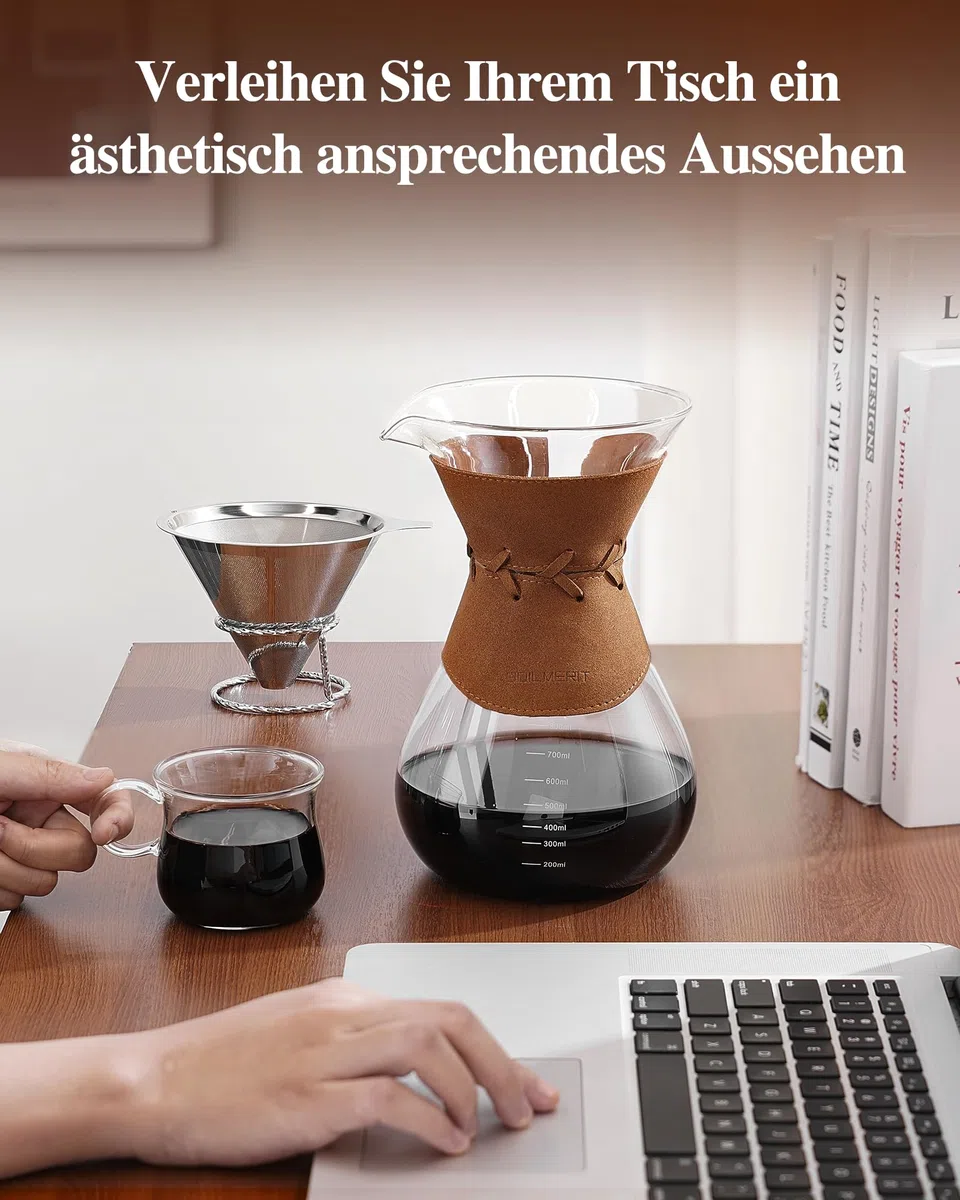 Kaffeebereiter mit Filter aus Edelstahl, 800ml Kaffeekanne für 5-6 Tassen Glas Pour Over Kaffeebrüher mit Filter Kaffee-Tropfer Brauer Kaffee