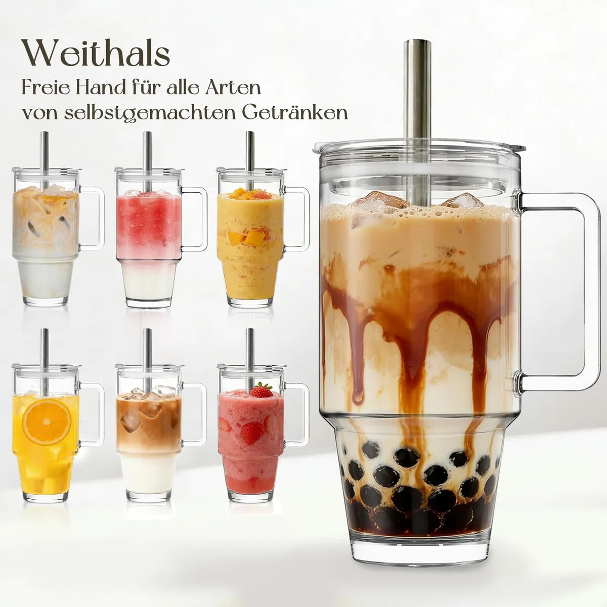KEMORELA 2er-Set 710ml Glasbecher mit Griff, Deckel & Edelstahl-Strohhalmen – Wiederverwendbare Mason Jar Trinkgläser für Eiskaffee, Smoothies, Säfte & Tee – Inkl. Reinigungsbürste