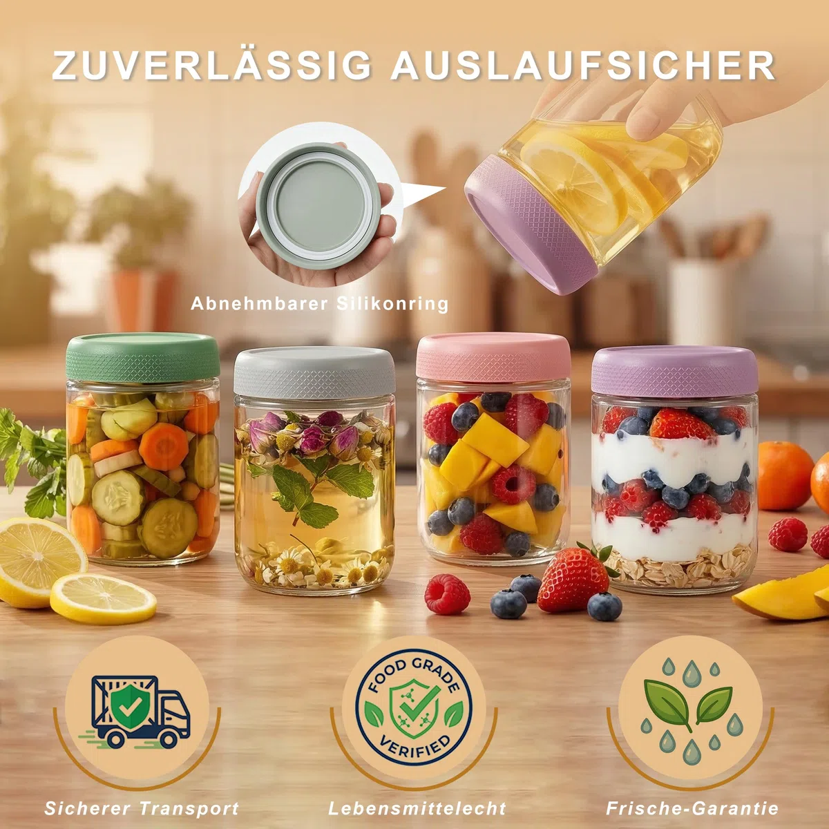 4 Stück Overnight Oats Gläser 500ml mit Deckel, Joghurtbecher To Go aus Glas, Meal Prep Vorratsgläser für Müsli Marmelade und Pudding, Inklusive 2 Löffel, 4 Farben