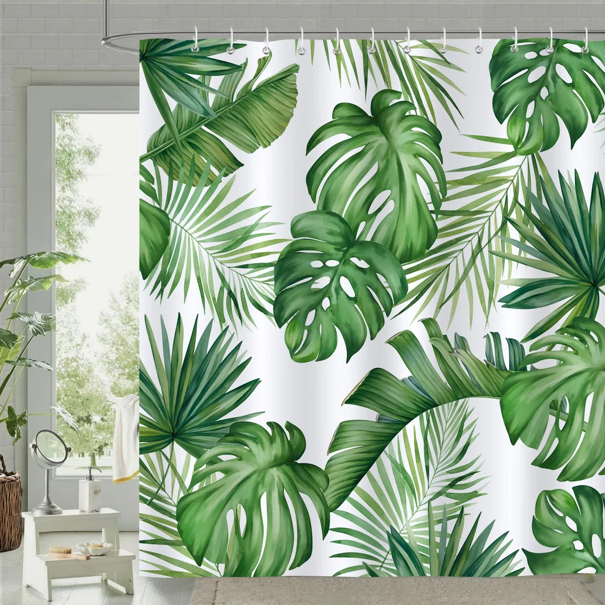 Bonhause Duschvorhang Grüne Blätter Tropische Pflanze Duschvorhänge 180 x 180 cm Anti-Schimmel Wasserdicht Polyester Stoff Waschbar Bad Vorhäng für Badzimmer mit 12 Haken