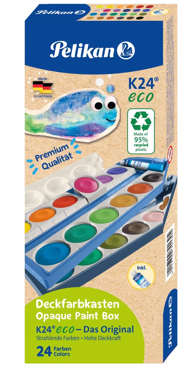 Pelikan Farbkasten K24 eco, Deckfarbkasten mit 24 Farben, inkl. Deckweiß, aus recyceltem Kunststoff, 701303