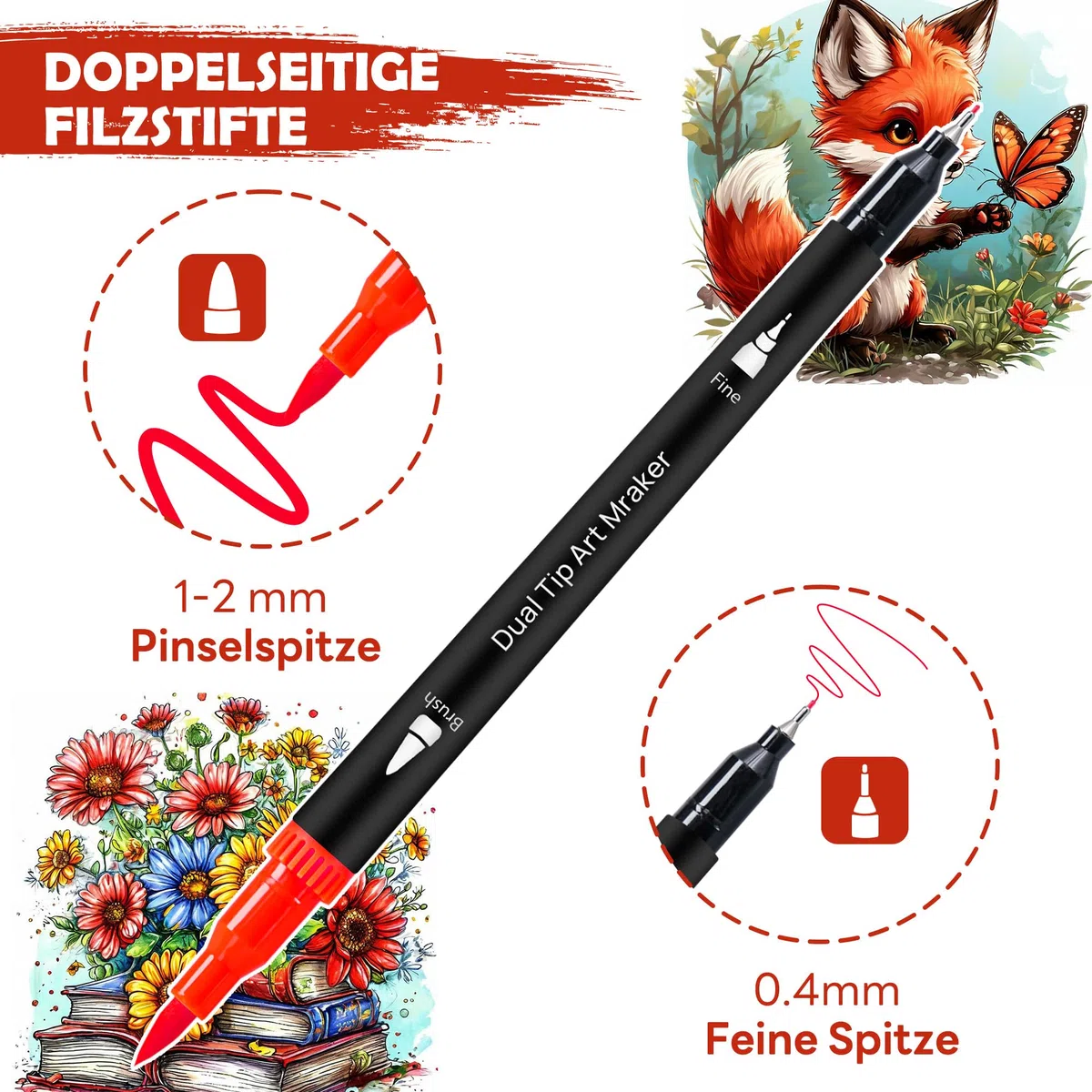 Kebuye Filzstifte Set - 100 Farben Dual Brush Marker Pens Feine Spitze & Pinselspitze für Erwachsene und Kinder–Zum Ausmalen Zeichnen DIY-Projekte Lettering