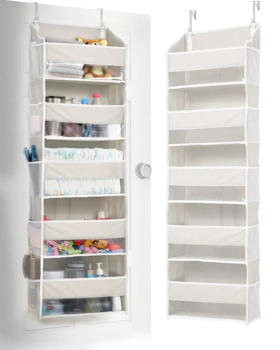 ULG Tür-Organizer, 5 große Taschen, 10 Mesh-Taschen, 20 kg Tragkraft, Hängender Organizer für Schlafzimmer, Bad, Küche, Beige