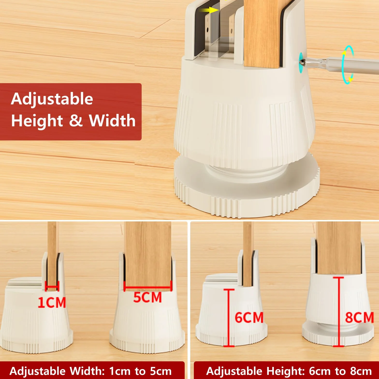 4 Stück Möbelerhöhung 6cm-8cm, Verstellbare Betterhöhung für 10mm-50mm Breite Quadrat & Runde Stuhlbein, Betterhöher mit Schraubklemme Schwerlast Stuhlerhöhungen Möbelerhöher
