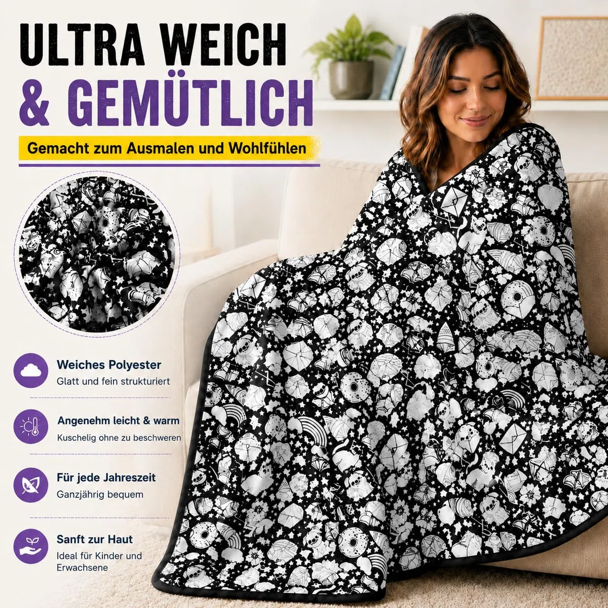 VEELU DIY Maldecke Decke zum Ausmalen mit 24 Stoffmalstiften, Decke zum Bemalen Erwachsene, Maldecke zum Ausmalen 150 x 115 cm, Kreative Geschenk für Familie & Freunde