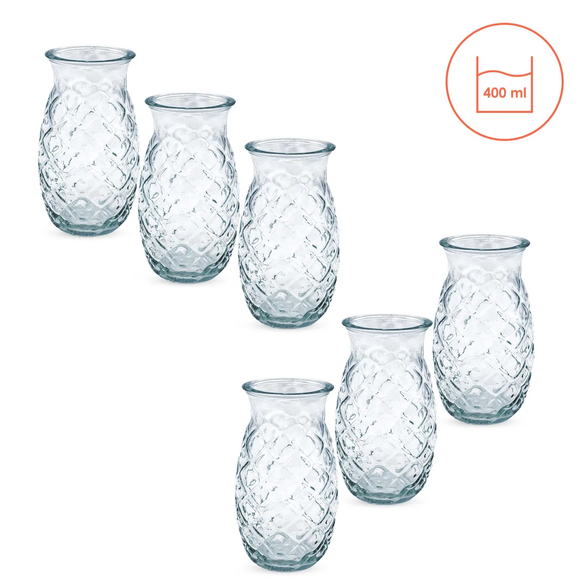 Spetebo Cocktail Glas Ananas Design 400 ml, 6er Set, klar mit Relief | Longdrink Partygläser, Pineapple Tiki Cocktailbecher, Spülmaschinengeeignet, Wiederverwendbar, Für Wasser und Saft