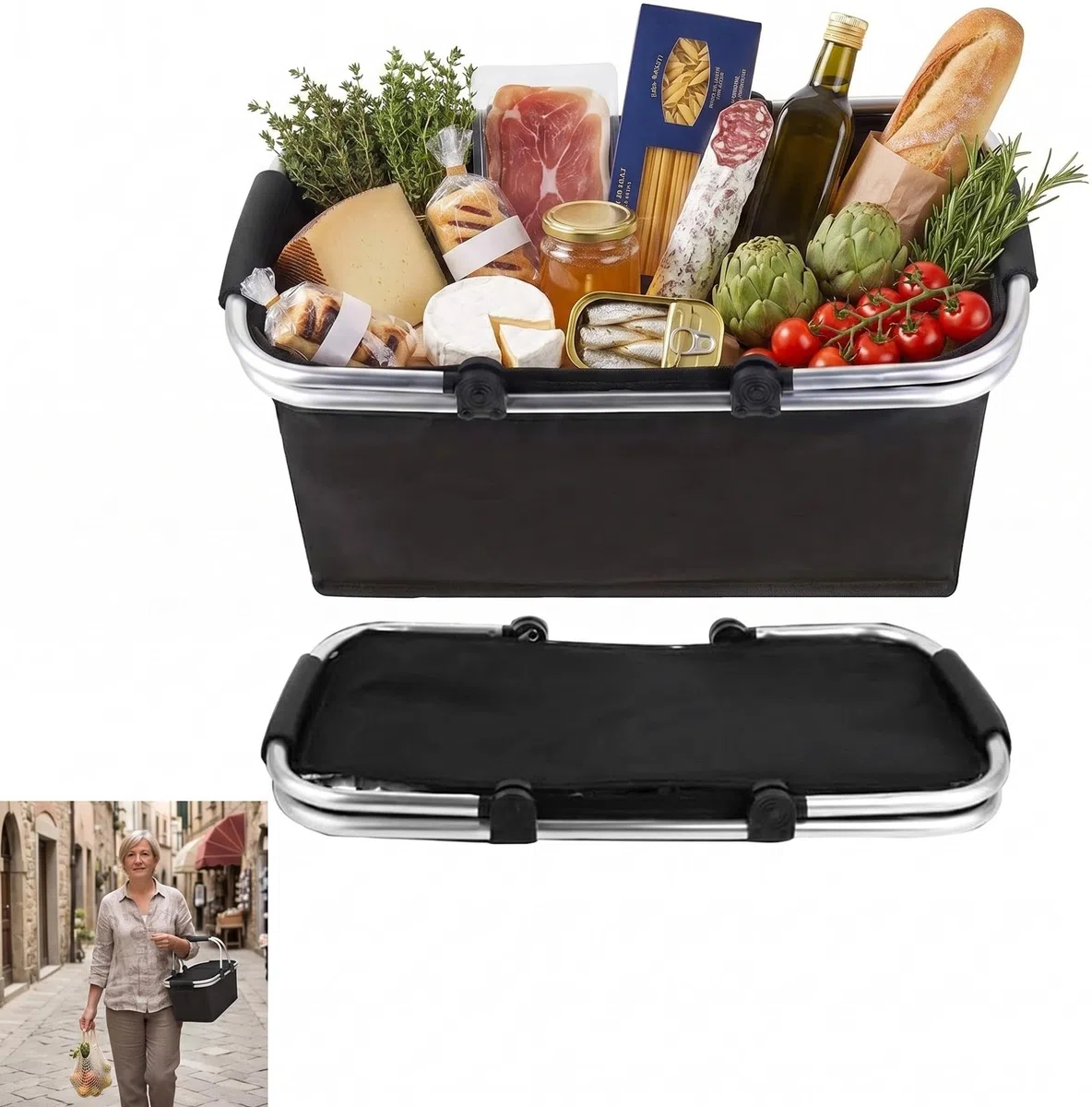 Einkaufskorb Faltbar 18L, Einkaufskorb mit Kühlfunktion, Kühlbox Tragbare mit Gepolsterten Griffen,Thermo als Picknickkorb,Tragekorb,für Einkaufen,Picknick,Reisen(Schwarz)