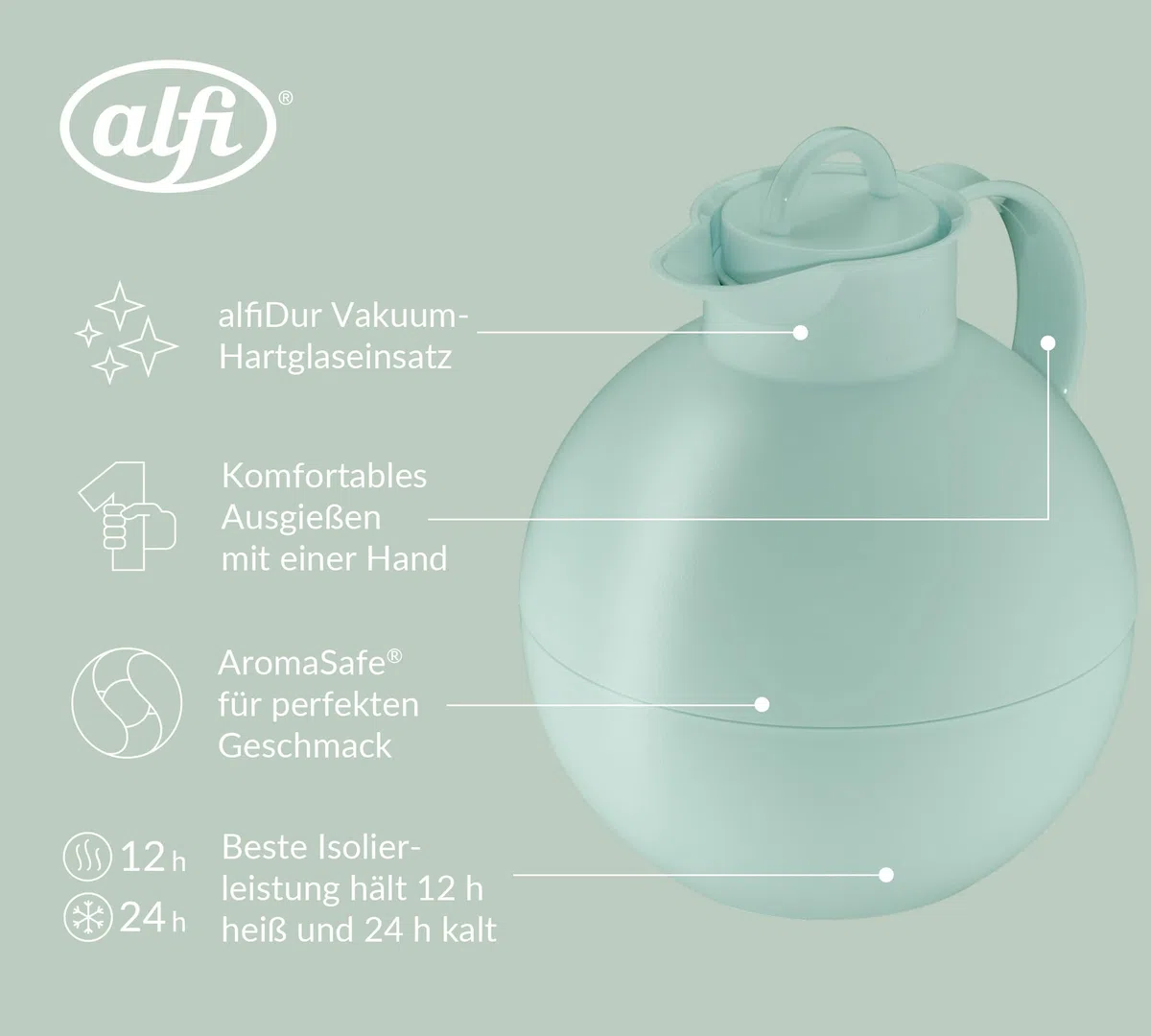 alfi KUGEL Isolierkanne mintgrün 0,94l, 12h heiß & 24h kalt, hygienischer Hartglaseinsatz, Drehverschluss, ideal als Kaffeekanne, Teekanne