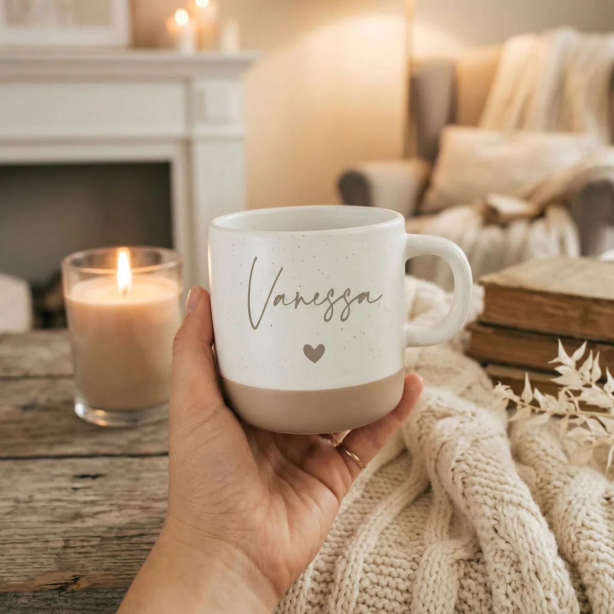 Personalisierte Keramiktasse mit Namen & Herz Design – Speckled Tasse Weiß Beige mit Namensgravur – Individuelle Kaffeetasse Geschenk für Frauen, Mama, Freundin – Geburtstag, Weihnachten, Muttertag