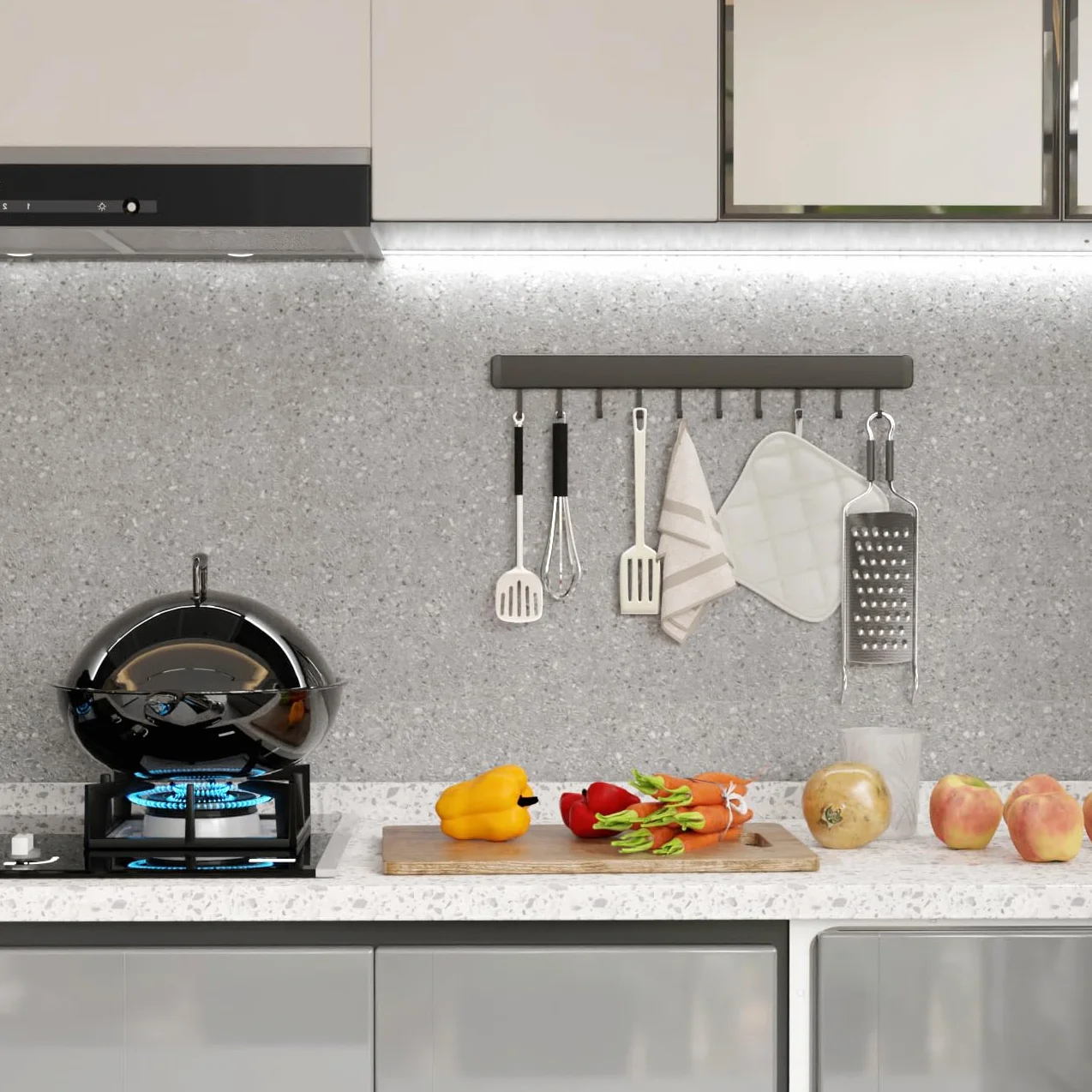 Hakenleiste Küche ohne Bohren, 50CM Küchenleiste Selbstklebend mit 10 Beweglichen Haken, Küchenstange Hängeleiste küchenreling aus Aluminium für Küchenutensilien, Grau