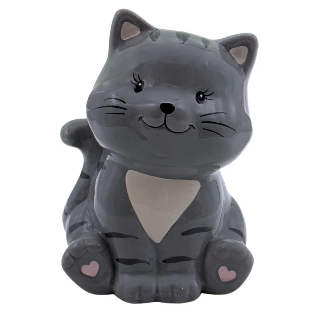 Spardose Katze, Katzenspardose, Kindersparbüchse Katze, Sparschwein Katze, Sparfigur, Kinderspardose, Spartier, Sparkatze, Dekokatze mit Sparfunktion aus Keramik in grau, L/B/H 10 x 12 x 16 cm.
