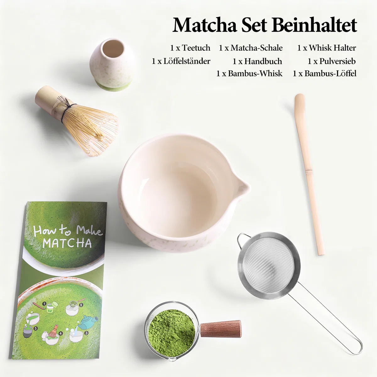 Matcha Set Beige Grün, 5-teiliges Matcha Besen Set,Premium Starter Set für Anfänger, Matcha Tee Set mit Sieb Chawan und Besen, Zubehör für das Matcha Tea Set Green/Rosa/Pink/Black