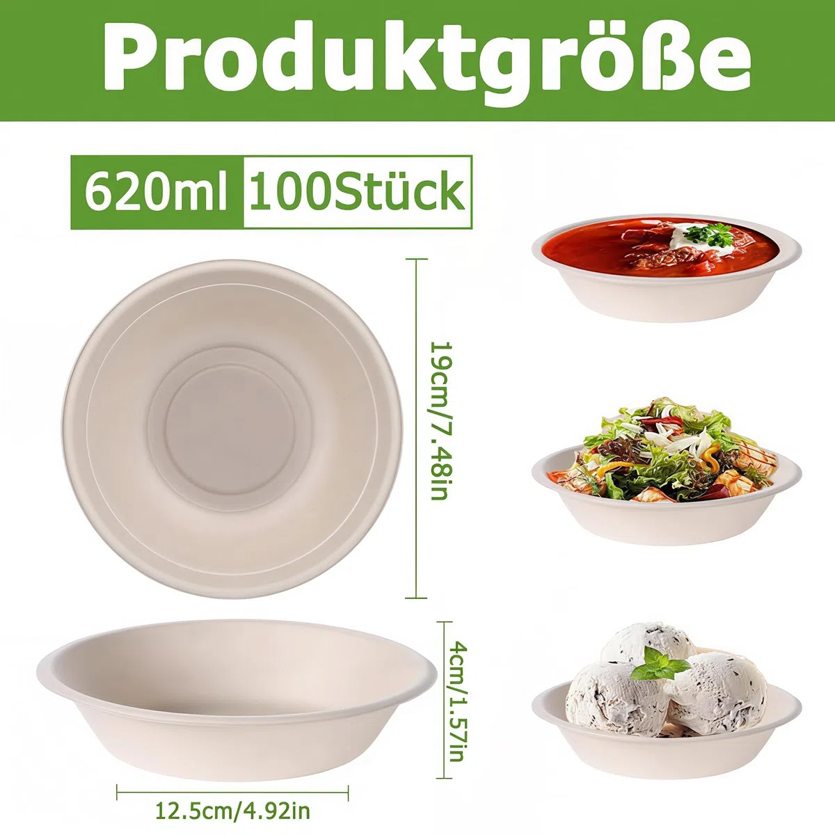 Einweg Suppenschalen, 100 Stück Einwegschüsseln aus Zuckerrohr, 620 ml Biologisch Abbaubar und Kompostierbar für Party Haushalt Picknick Natur