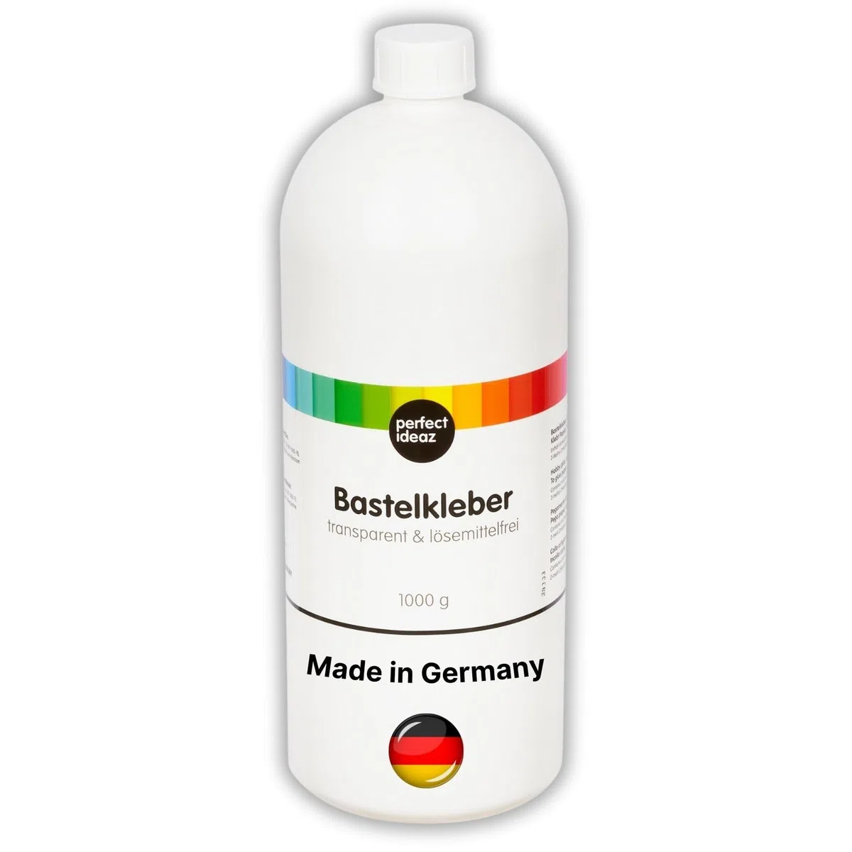 perfect ideaz – Bastelkleber 1.000 g (1 kg) – transparent & lösungsmittelfrei – starker PVA Flüssigkleber für Papier, Pappe, Stoff, Filz – auswaschbar, auf Wasserbasis, Made in Germany