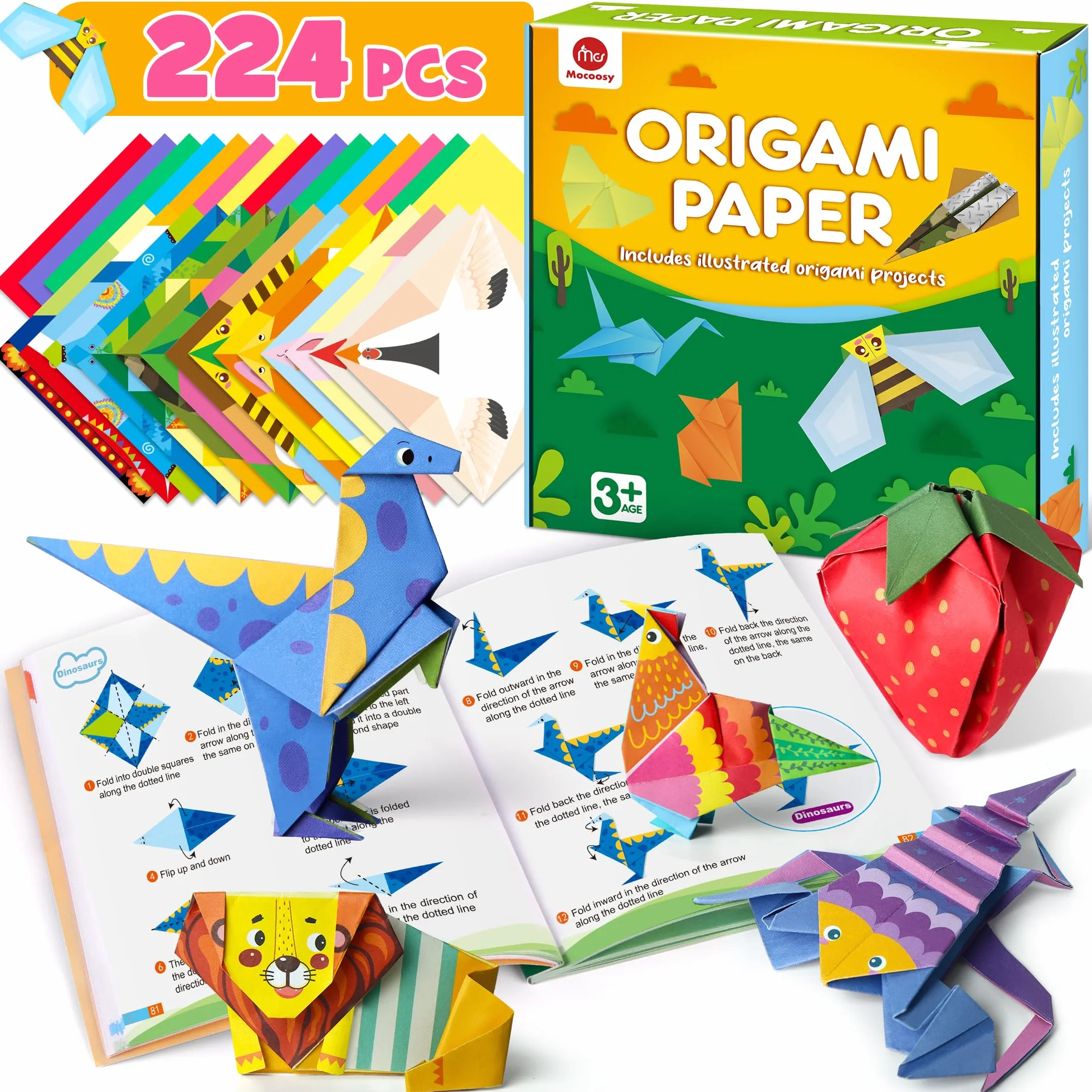 Mocoosy Origami-Papier-Set für Kinder, 224 Blatt doppelseitiges Origami-Papier mit Video-Tutorials und Anleitungsbuch, Origami mit 72 Mustern, Kunst Bastelset für Kinder Geschenk für Mädchen Jungen