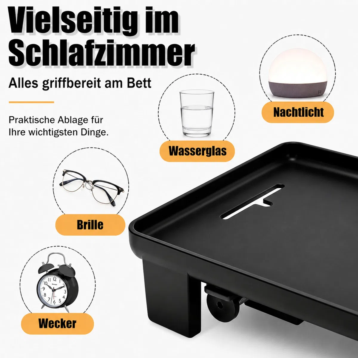 URMONA Bettablage 32x23 cm Nachttischregal zum Anklippen mit Kabelführung | Weiß, Clip-On Ablage, stabile Klemmhalterung, Kabelöffnung, für Handy Tablet Brille, Sofa Hochbett Studentenbett Wohnheim