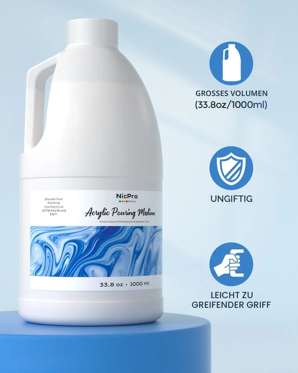 Nicpro 1000 ml Pouring Medium Acryl, Acrylfarbenverdünner, Pouring Acrylfarben für gleichmäßiges Fließen