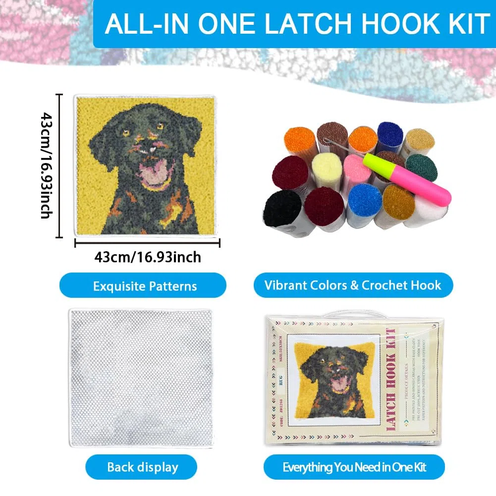 FREEBLOSS REEBLOSS 17x17 Knüpfset Für Erwachsene Und Anfänger Labrador Muster Vorgedrucktes DIY Häkel Und Knüpfkissen Set Kissenbezug Für Die Sofadekoration Mit Anleitung