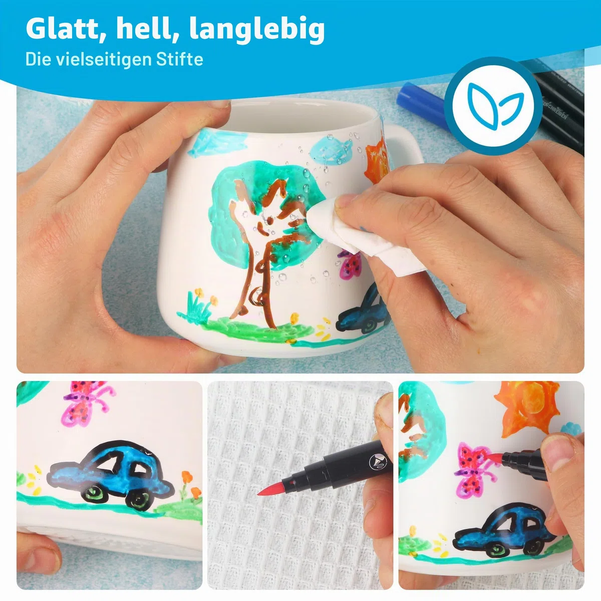 DIY Keramik Bemalen Set–Enthält 2 leere weiße Tassen und 12-farbige Keramik-Aquarellstifte, ein kreatives Tassen Bemalen Set für Kinder und Erwachsene, einTassen Zum Bemalen Kunstkreationsset